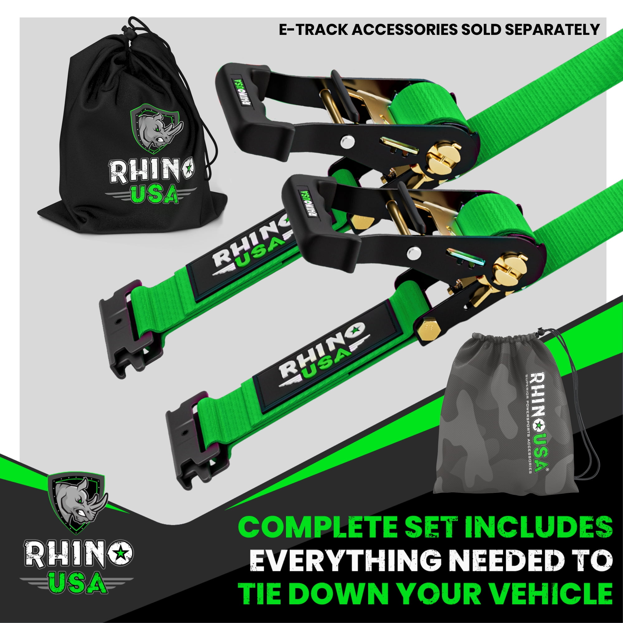 Rhino USA E-Track Ratchet Tie Down Straps, Heavy-Duty Cargo Securement System (Green, 2 in x 16 ft, 2 Pack) l43pv