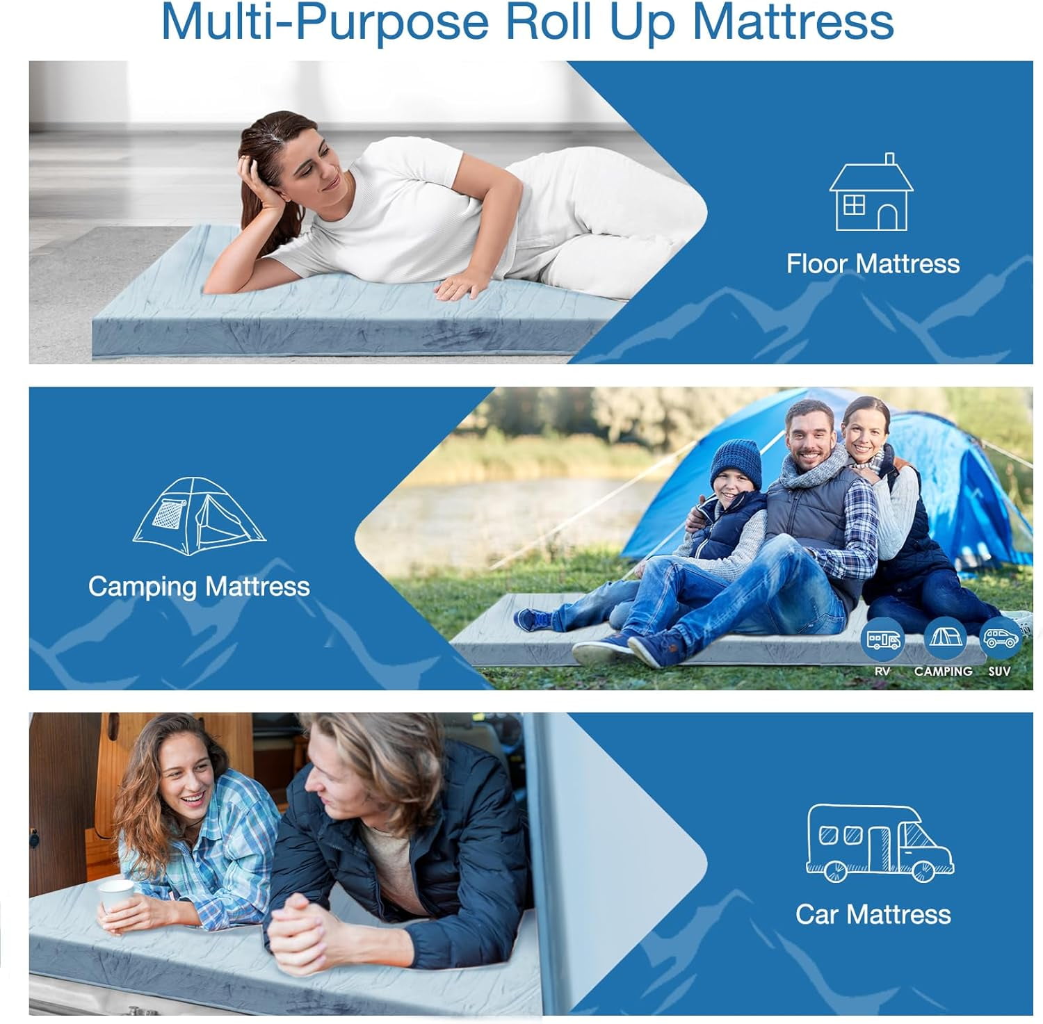 Invoker Memory Foam Camping Mattress Pad, Portable Roll Up Sleeping Mat for Travel and Guest Bed (Grey, 63 in x 26 in x 3 in) mow19