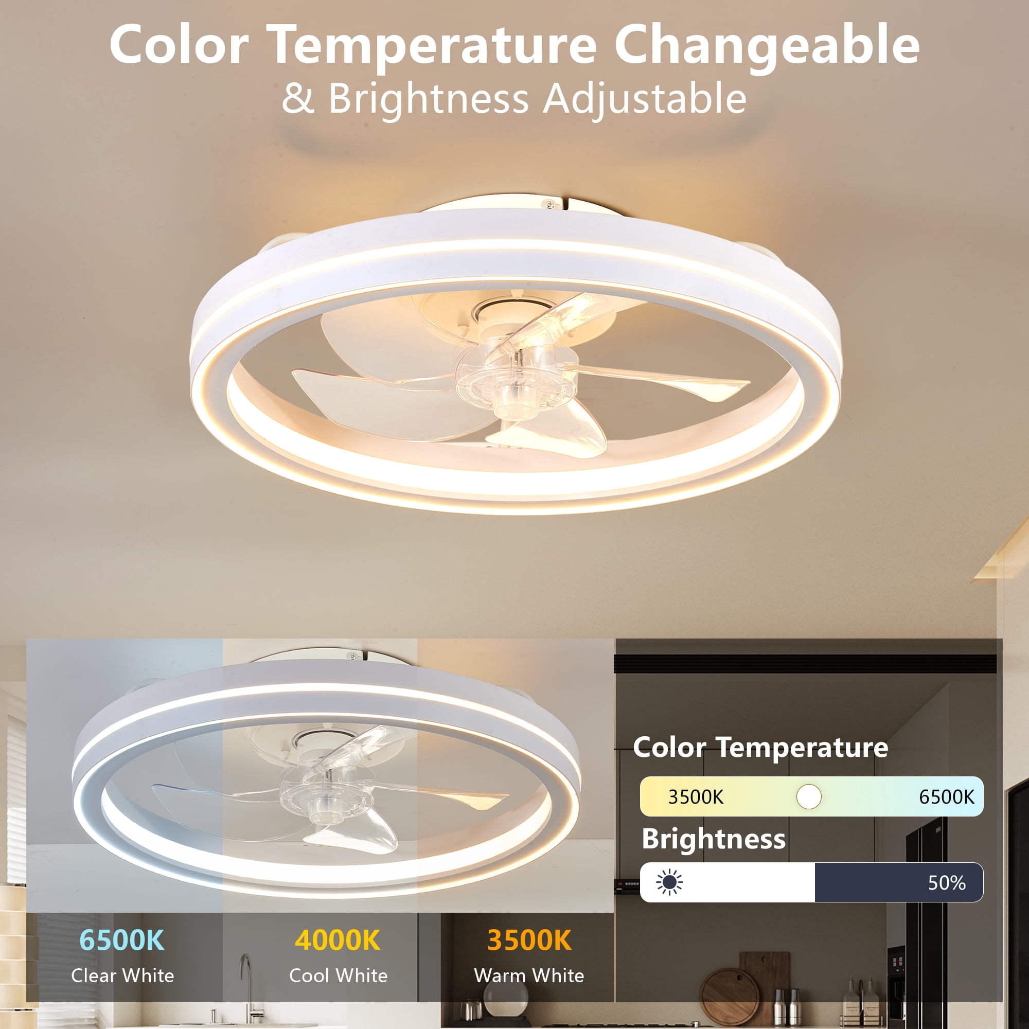 MQJIAZHI 19-inch RGB Bladeless Ceiling Fan with Light, Modern Flush Mount Fandelier with Remote and App Control (19 in) bj7uo