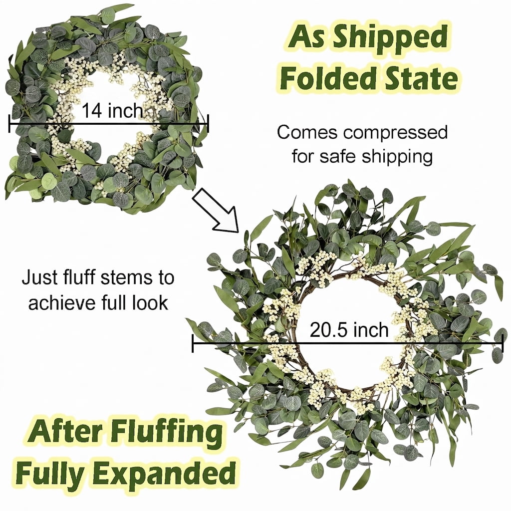 Tetou Artificial Eucalyptus Wreath for Front Door, Farmhouse Seasonal Wall Decor (Green, 20.5 in) 3dp2b