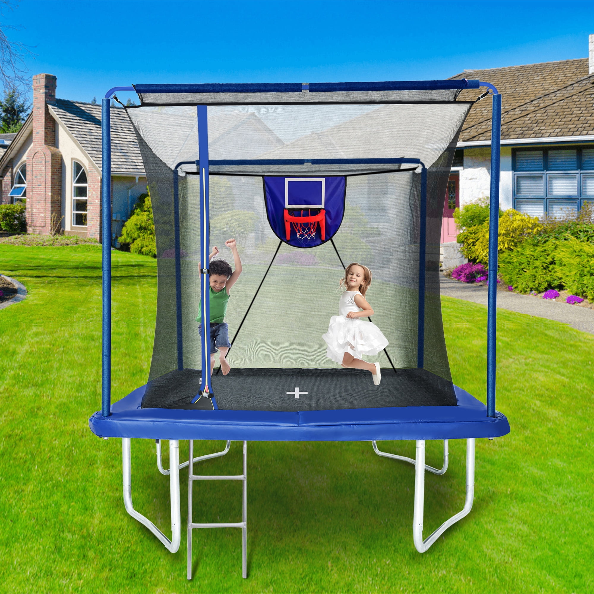 SUNRINX 8x12 ft Rectangular Trampoline with Basketball Hoop and Ladder (Blue, 8x12 ft) 79wdu