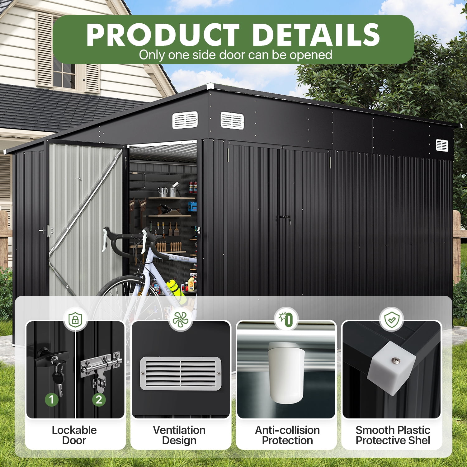 BaPiPro 12 ft x 8 ft Lean-to Metal Storage Shed, Outdoor Lockable Garden Shed with Triple Doors and Vents (Black, 12 ft x 8 ft) m8bqf