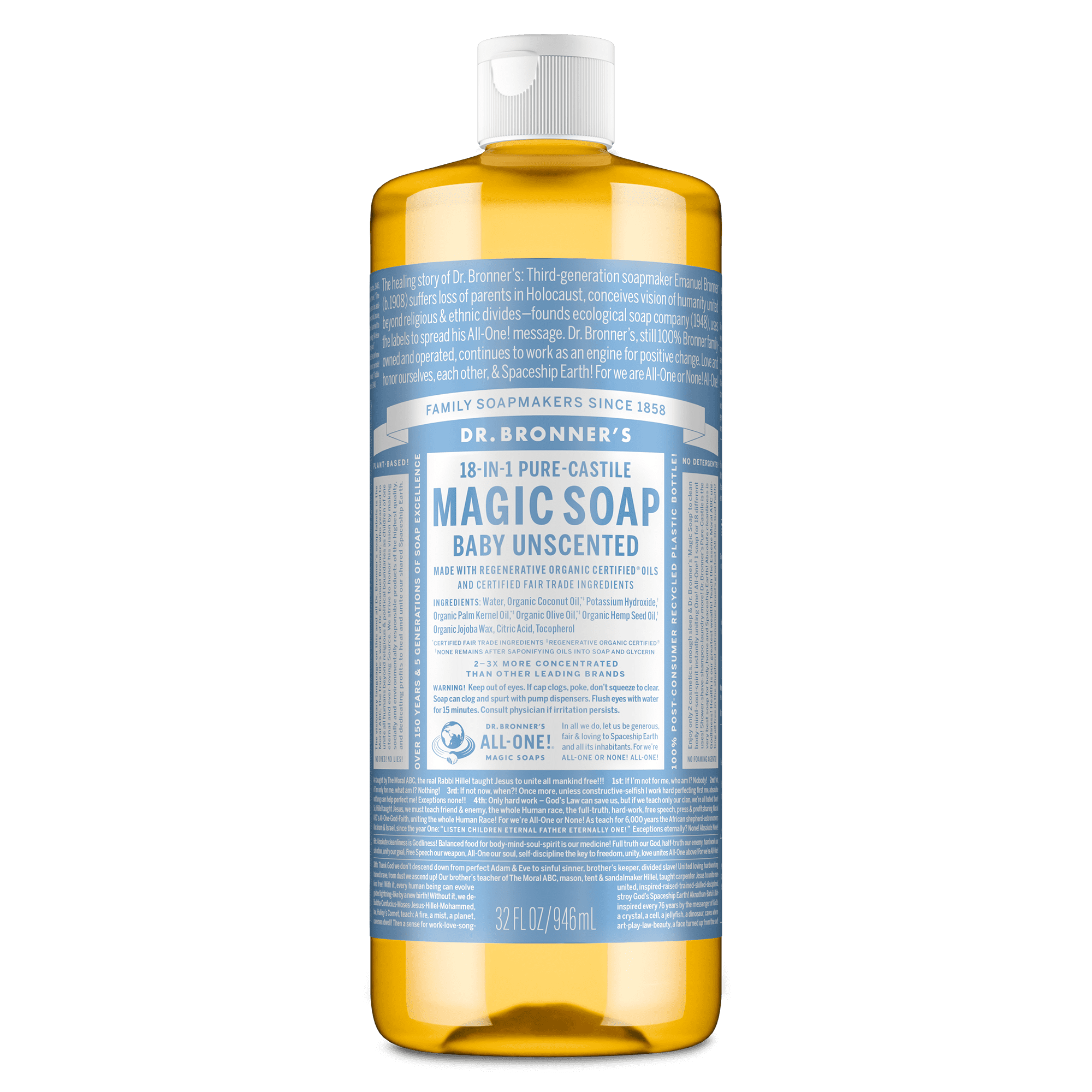 Dr. Bronner's Pure-Castile Liquid Soap, Unscented Organic Face and Body Wash (32 oz) e4ilh
