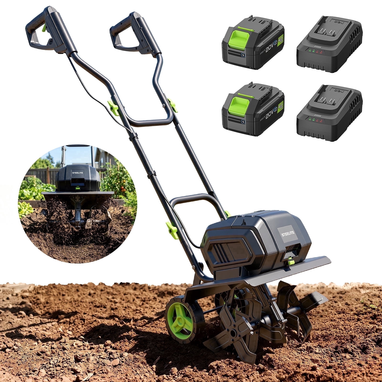 Steelite 42V Cordless Garden Tiller with Brushless Motor, 14-Inch Width, Includes Dual 4.0 Ah Batteries 972uf