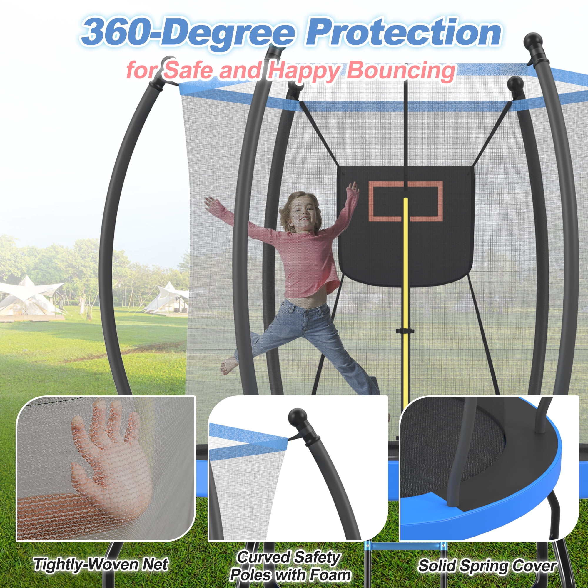 Euroco 8 ft Outdoor Trampoline with Basketball Hoop and Ladder (Blue, 8 ft) o80er