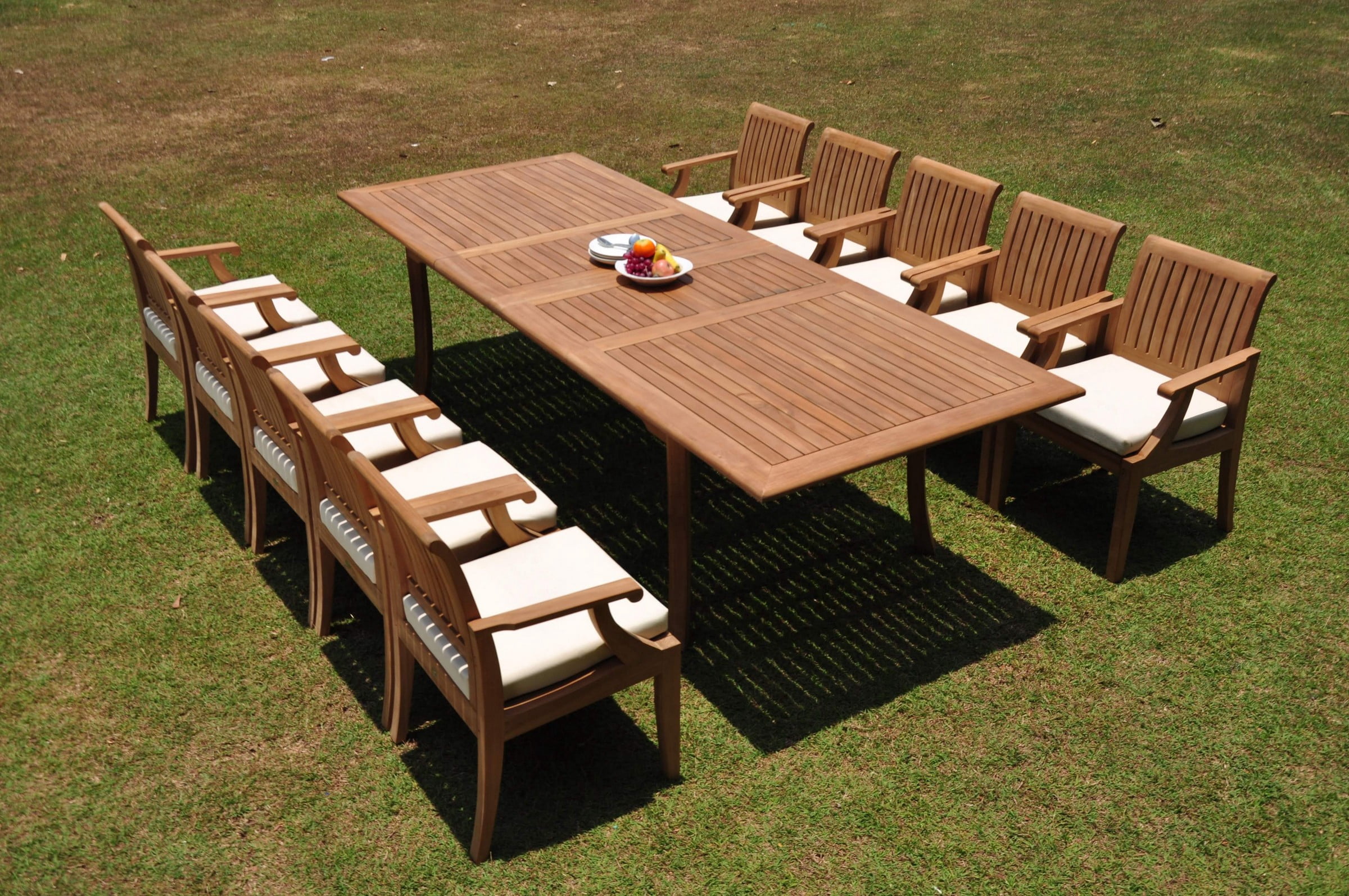 Wholesale Teak 11-Piece Outdoor Dining Set with 118-inch Double Extension Rectangle Table and 10 Lagos Arm Chairs (Brown, 11-Piece Set) vxga1
