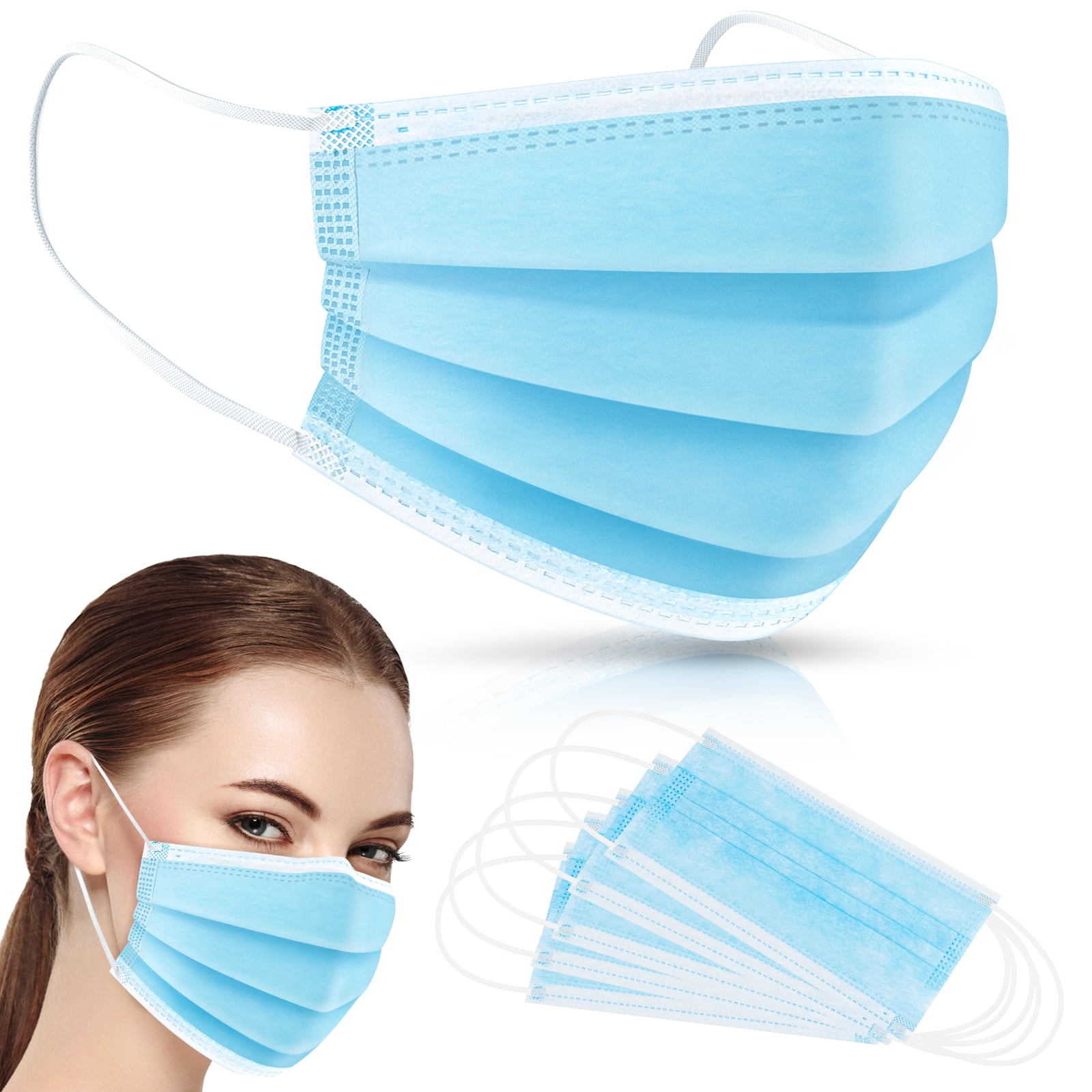 HDFK Disposable 3-Ply Face Mask with Adjustable Nose Clip and Elastic Ear Loops (Blue, 100 Pack) wx3jh