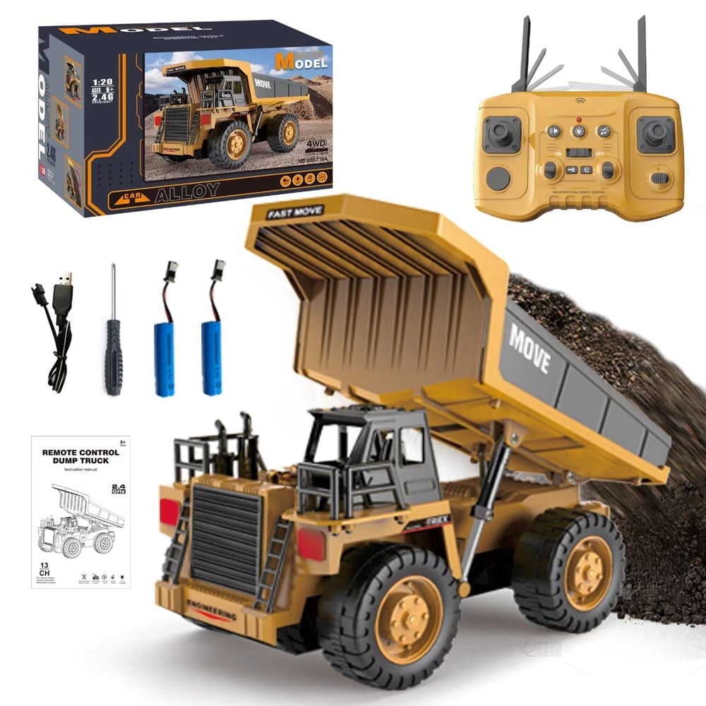 TZDZRC Remote Control Dump Truck 13 Channel 4WD RC Construction Vehicle with Lights and Sounds (Yellow, 2 Batteries) zuhxr