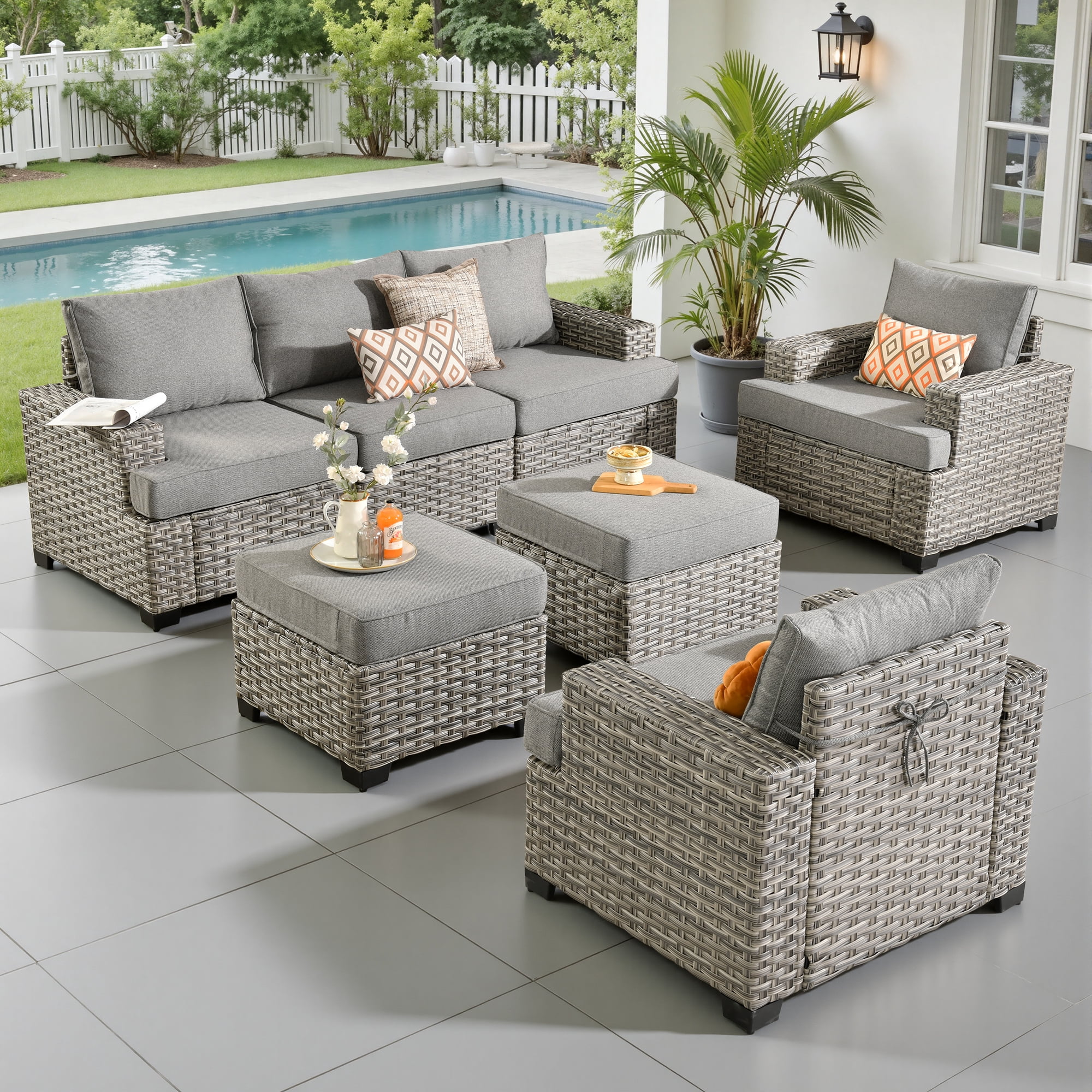 Ovios 7-Piece Outdoor Patio Furniture Set, All-Weather Rattan Wicker Sectional Sofa with Club Chairs and Ottomans (Dark Gray, 7-Piece) zea90