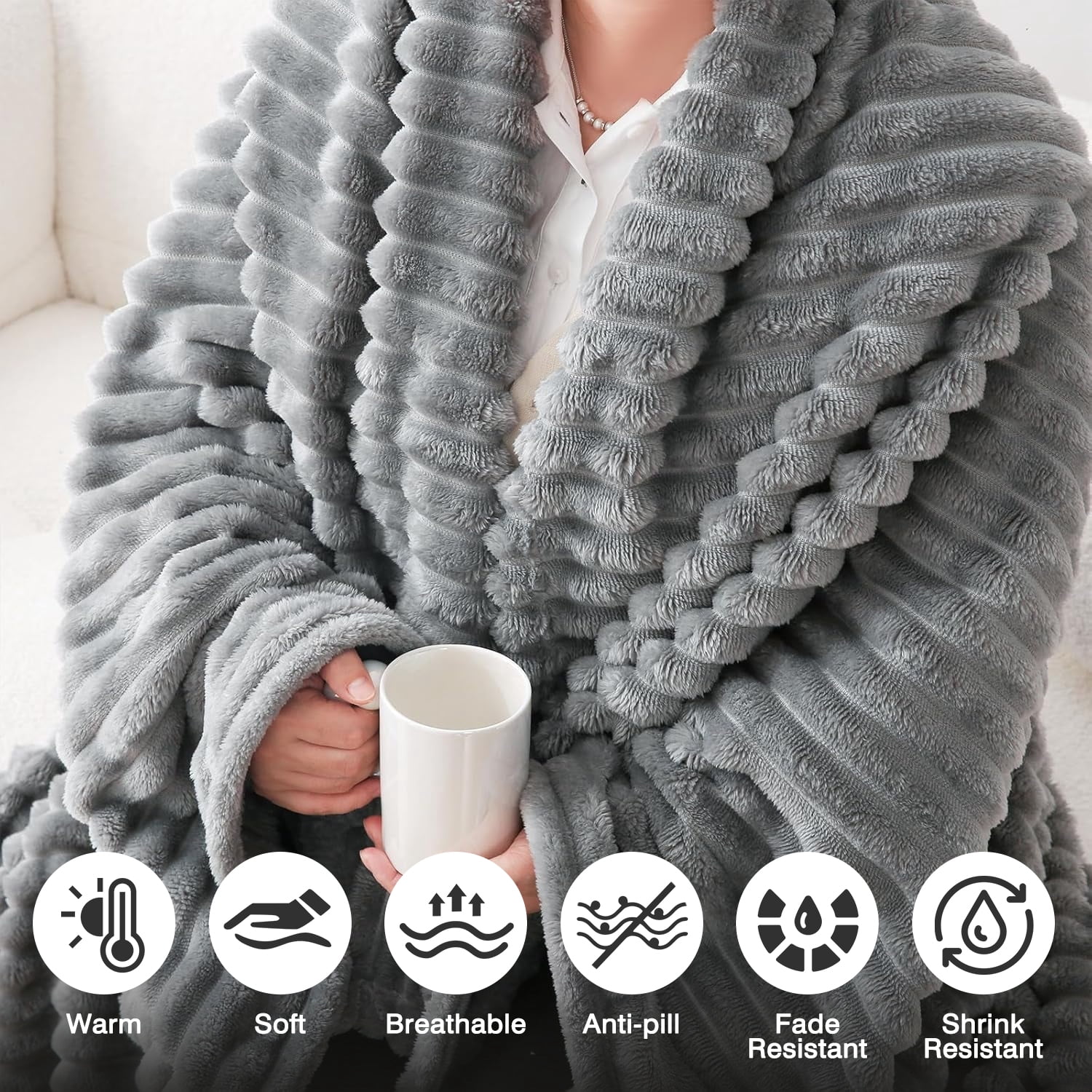 Cshidworld Plush Throw Blanket, Extra Soft Ribbed Fuzzy Bed and Sofa Throw (Gray, 50x60 in) 1amln