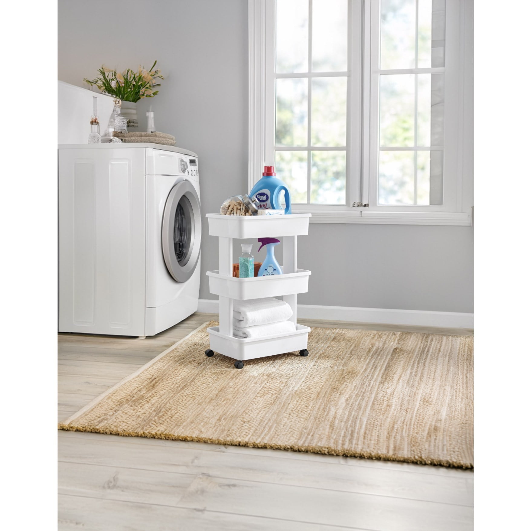 Mainstays 3-Tier Rolling Storage Cart, Multi-Purpose Organizer for Laundry and Home (Arctic White, 17.3 in x 12.5 in x 27.2 in) 9jpbk