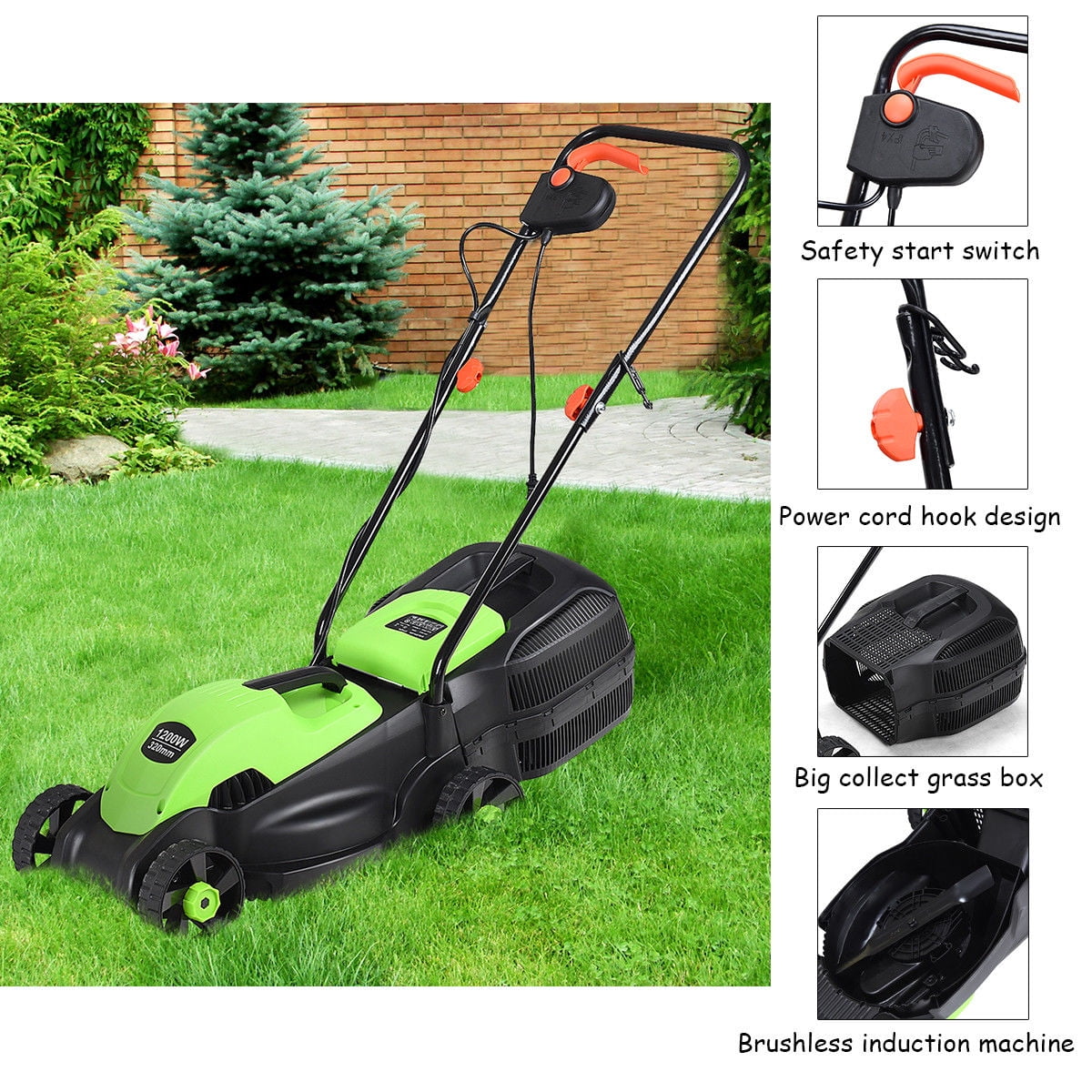 Costway 12 Amp Electric Corded Lawn Mower with Grass Catcher (Green, 14-inch Cutting Width) 3h3zk