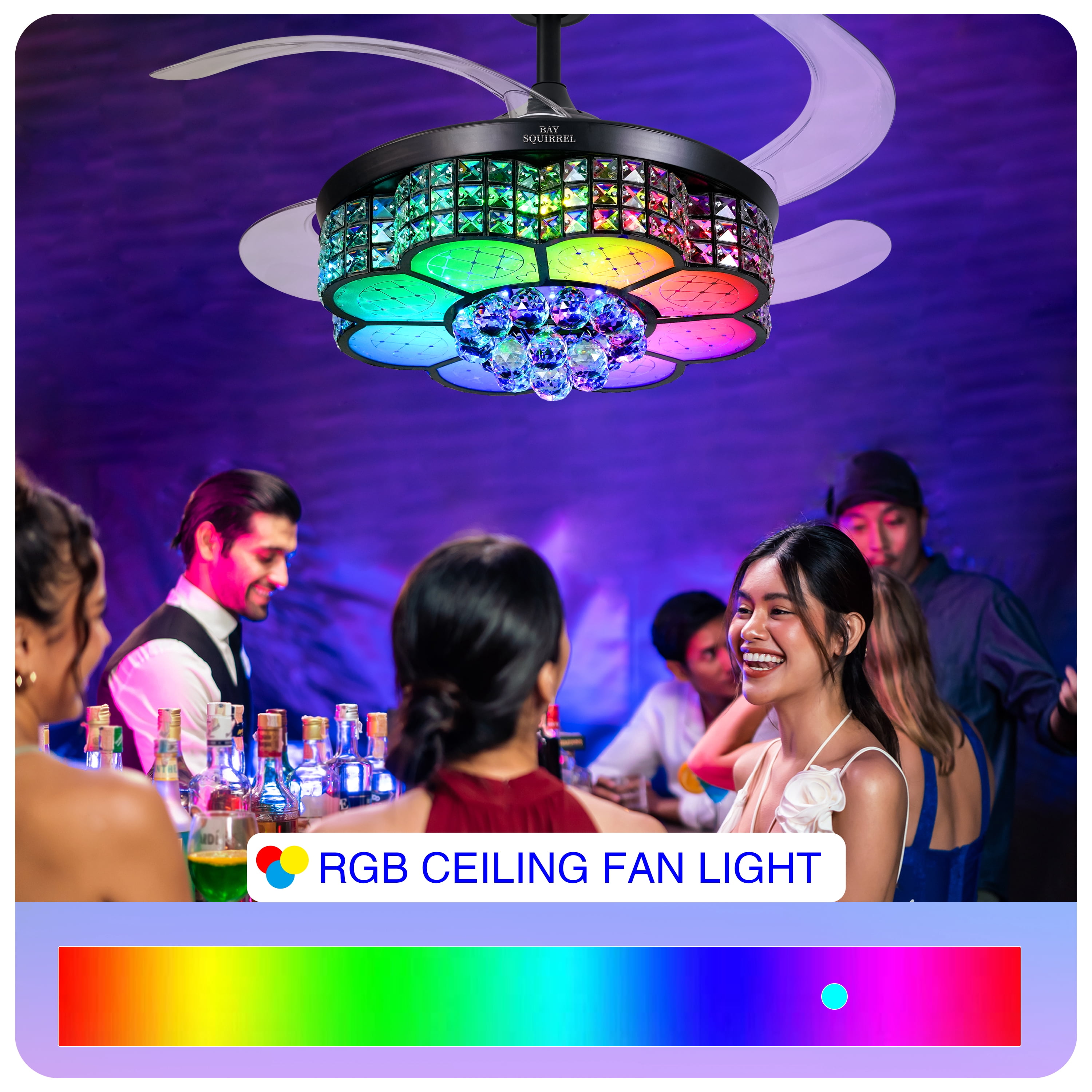 BAYSQUIRREL Retractable Crystal Ceiling Fan with RGB LED Light, Bluetooth Speaker, Remote & APP Control (42 in) 68jc5