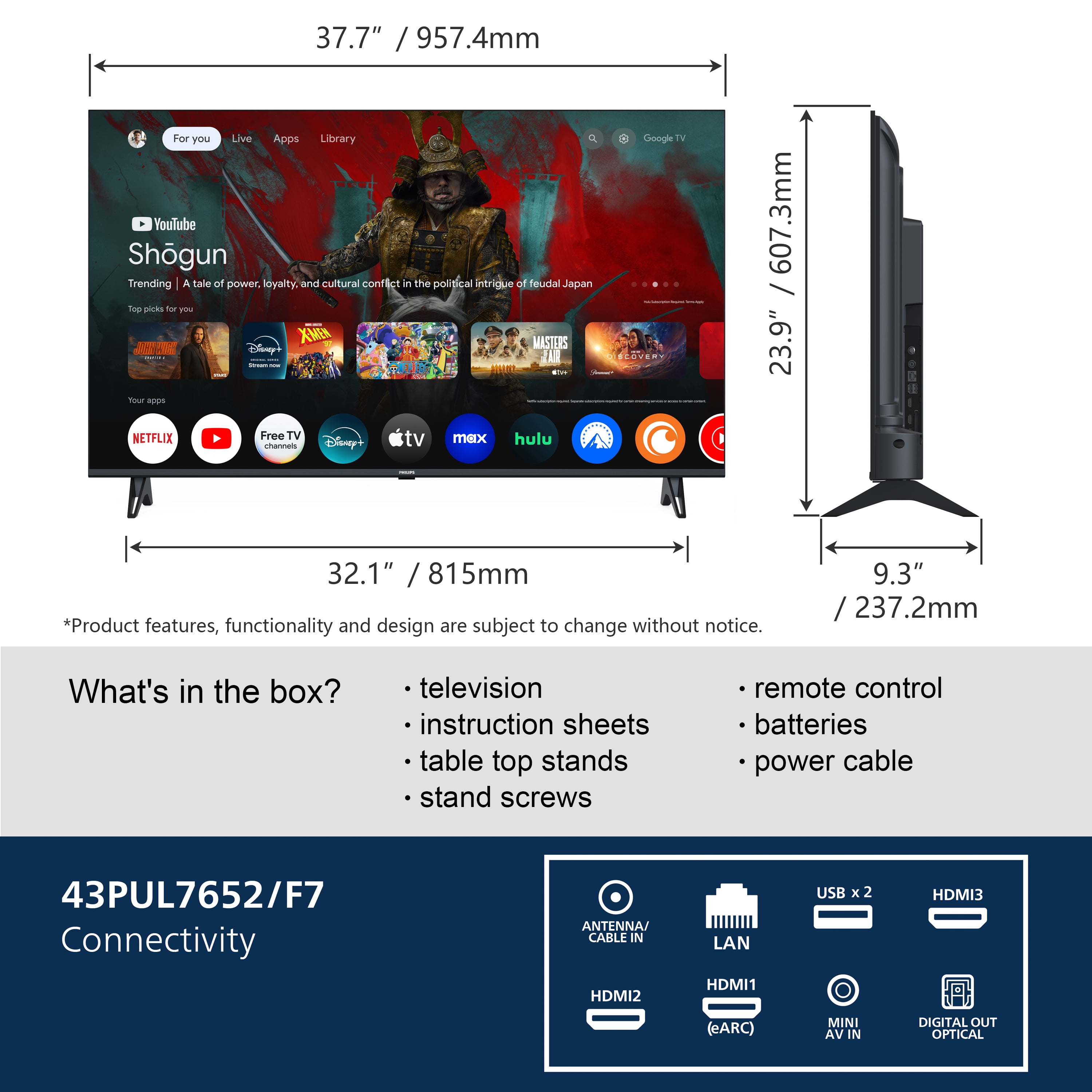 Philips 43-inch 4K Ultra HD Smart LED TV with Google TV (43PUL7652/F7) drm5s
