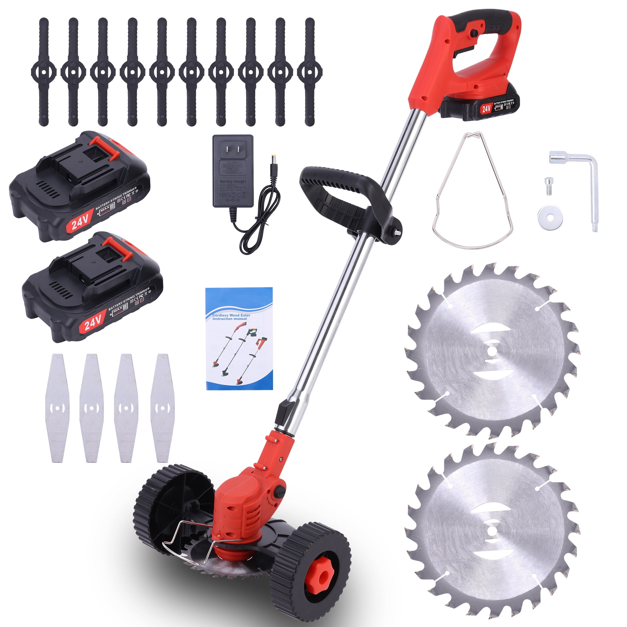 Myriann 24V Electric Cordless Grass Trimmer and Lawn Edger with Wheels and Dual Batteries (Red) r1iuc