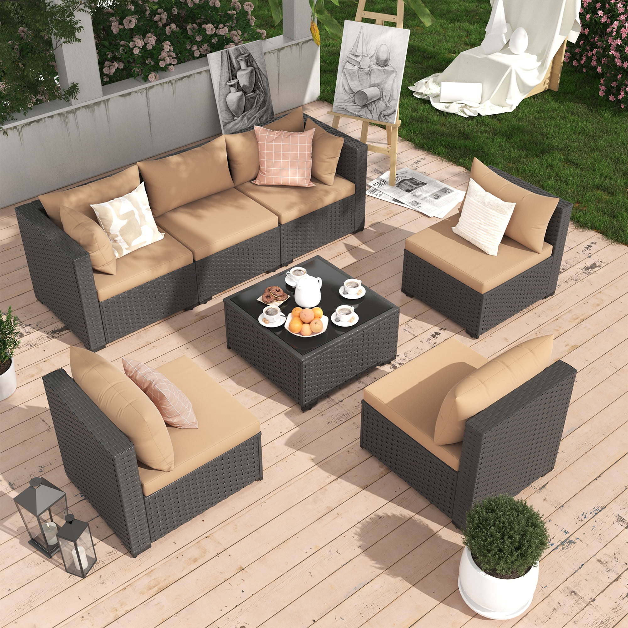 MRUAKA 7-Piece Outdoor Patio Conversation Set, PE Rattan Wicker Sectional Furniture with Cushions (Beige, 7-Piece Set) 6espu