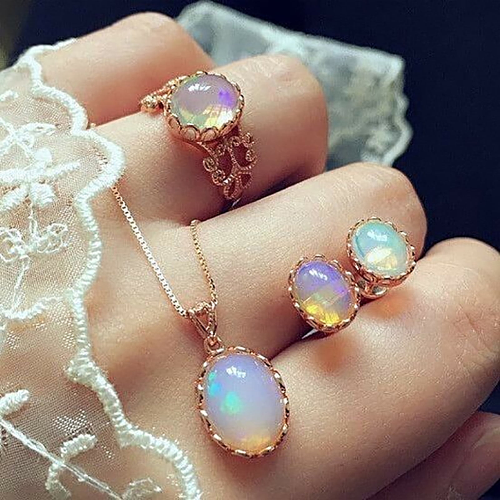 Yesbay Elegant Oval Faux Opal Jewelry Set for Women Engagement Wedding (Rose Gold, 18.9 in) 8sx0w