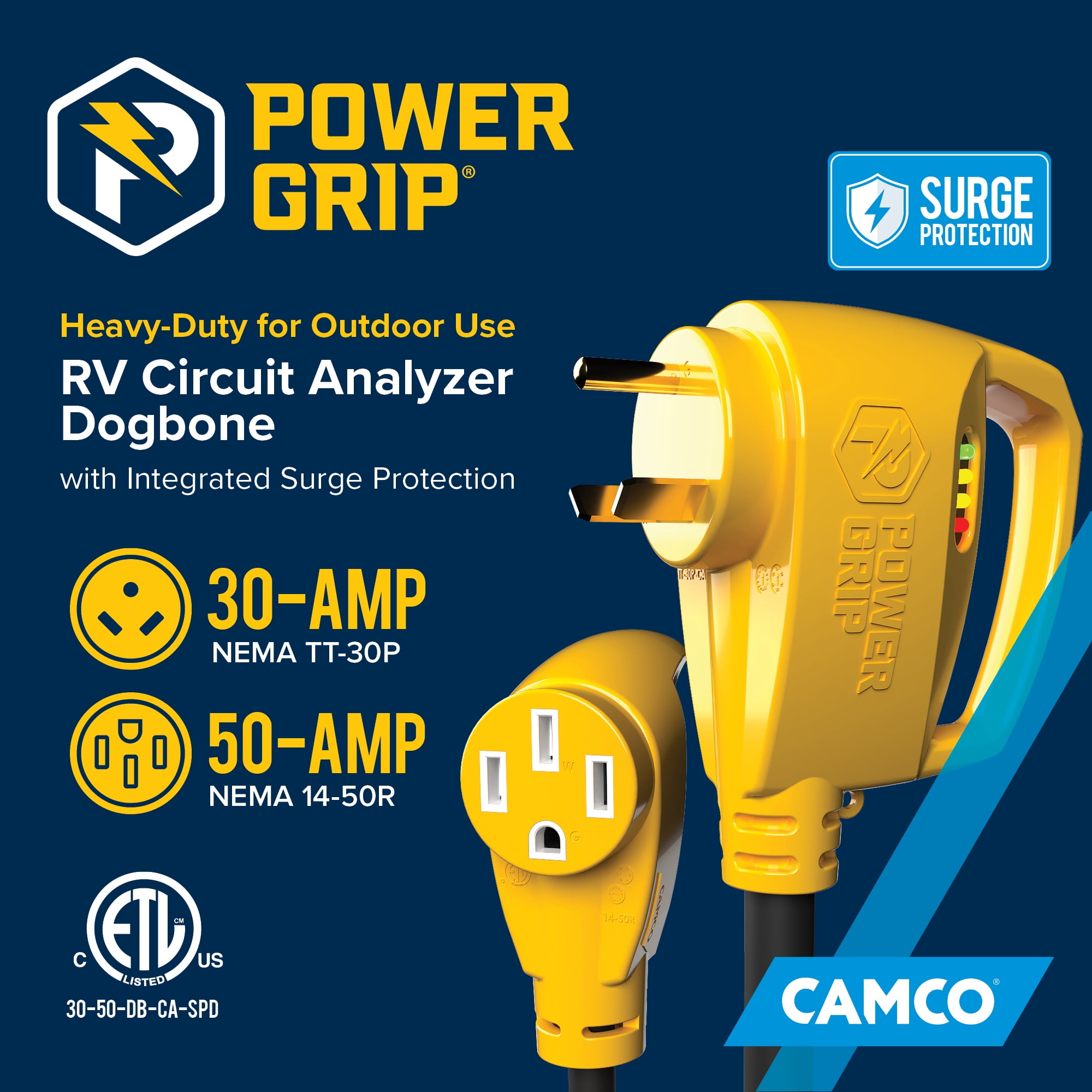Camco Power Grip RV Circuit Analyzer and Adapter (30 Amp to 50 Amp, 18 in, Yellow) 15m0u