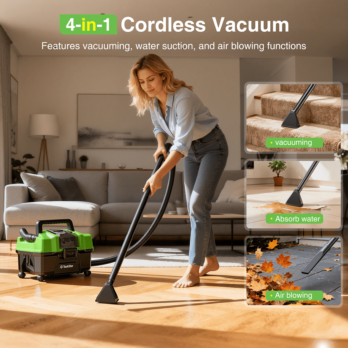 TaskStar Cordless Wet Dry Shop Vacuum with Blower, Brushless Motor, 2 Batteries, Portable Shoulder Strap (Green, 2.6 gal) hcs8i