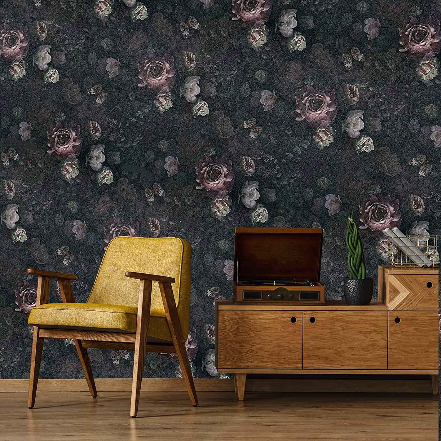 VEELIKE Vintage Dark Floral Peel and Stick Wallpaper, Boho Peony Removable Self-Adhesive Wall Decor (Black, 15.7 in x 118 in) l4nnh