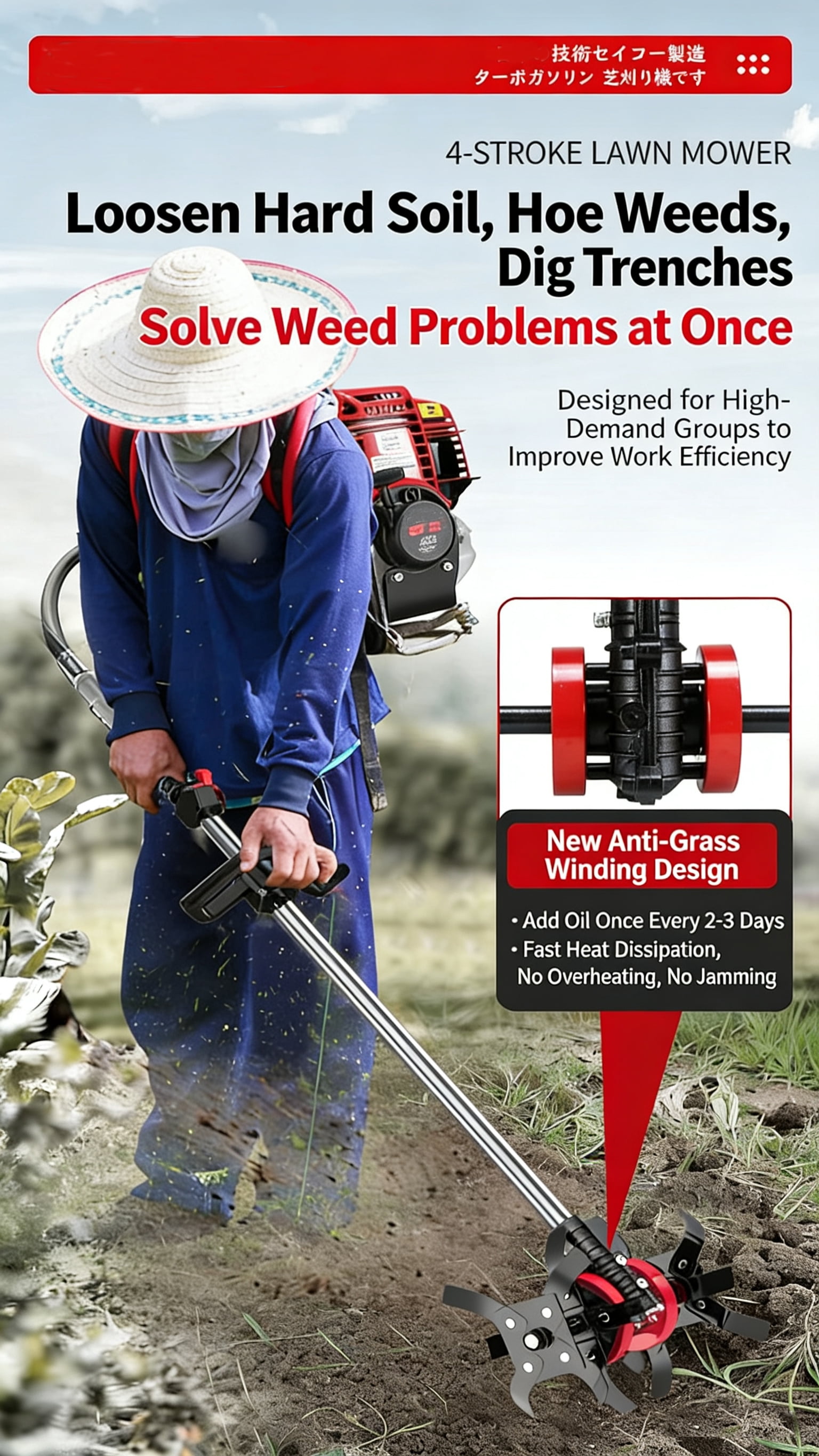 CHIKURA GX50 Backpack Gas Brush Cutter 4-Stroke Lawn Mower Weed Eater Cultivator (33.8 fl oz) 14pin
