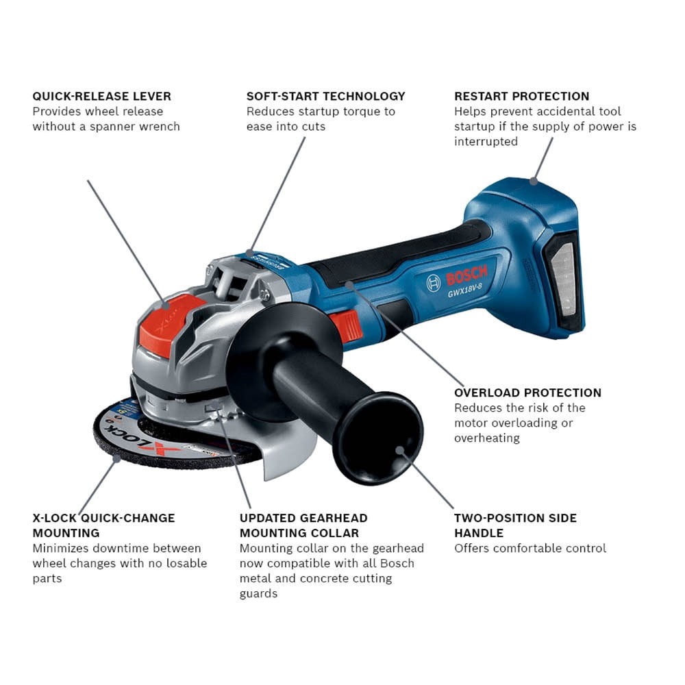 Bosch GWX18V-8N-RT 18V Brushless Cordless X-LOCK Angle Grinder (Refurbished, 4.5 in) 3mski