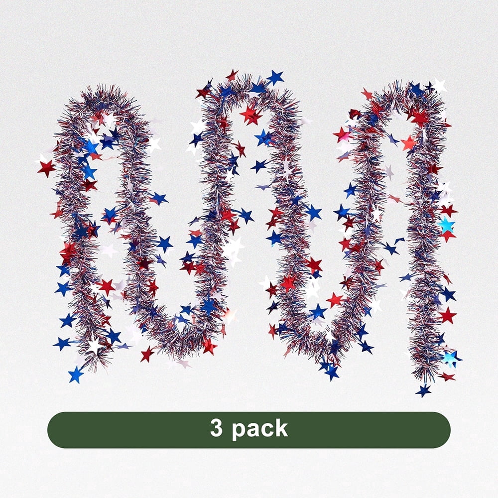 DR.Planzen Patriotic Tinsel Garland for Independence Day Decoration (Red White Blue, 3 Pack 9 ft) uue0t