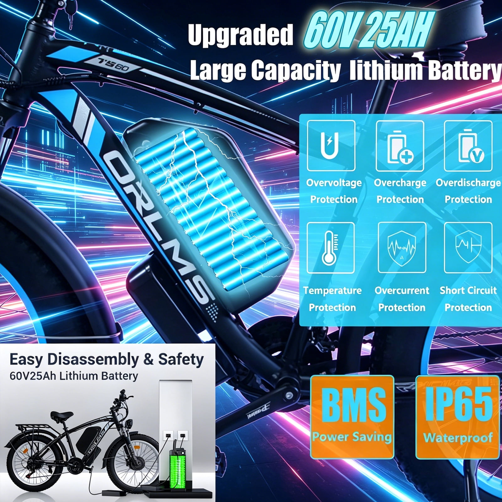 SMLRO Electric Mountain Bike, 5000W Dual-Motor AWD E-Bike, 26 in Fat Tire Off-Road Bicycle (Blue, 60V 25AH) upwri