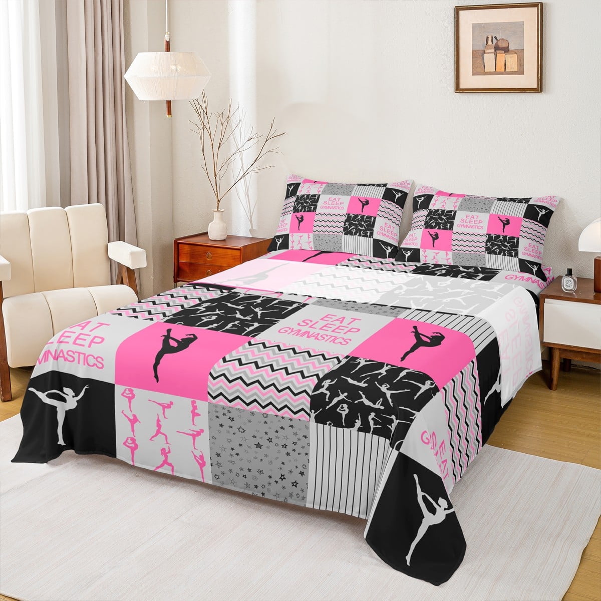 Manfei Sport Theme Twin Sheet Set, Gymnastics Pattern Bedding with Pink Geometric Wave Lines (3-Piece Set, Twin) v0xx2