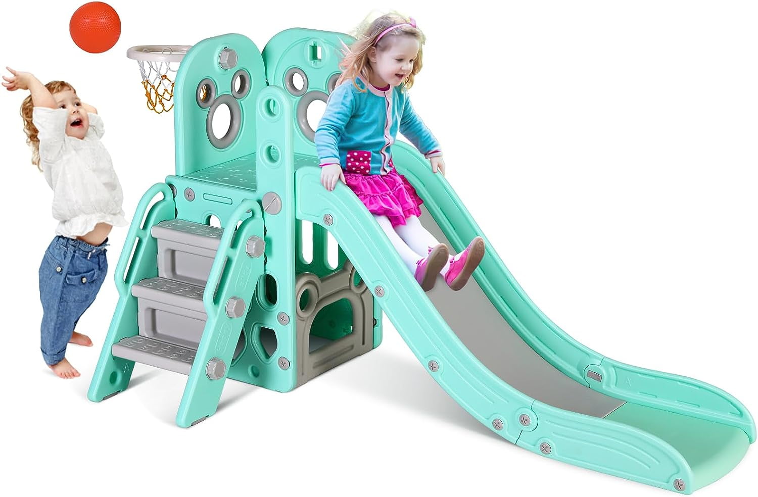 LAZY BUDDY 4-in-1 Toddler Slide and Climber Playset with Basketball Hoop (Green) abxyq