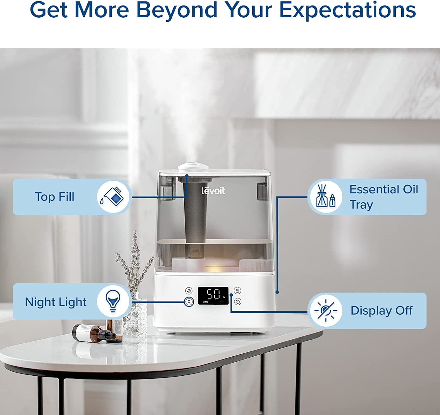 Levoit Smart Ultrasonic Cool Mist Humidifier for Large Rooms, Top Fill with Nightlight (Gray, 1.59 gal) lwhco