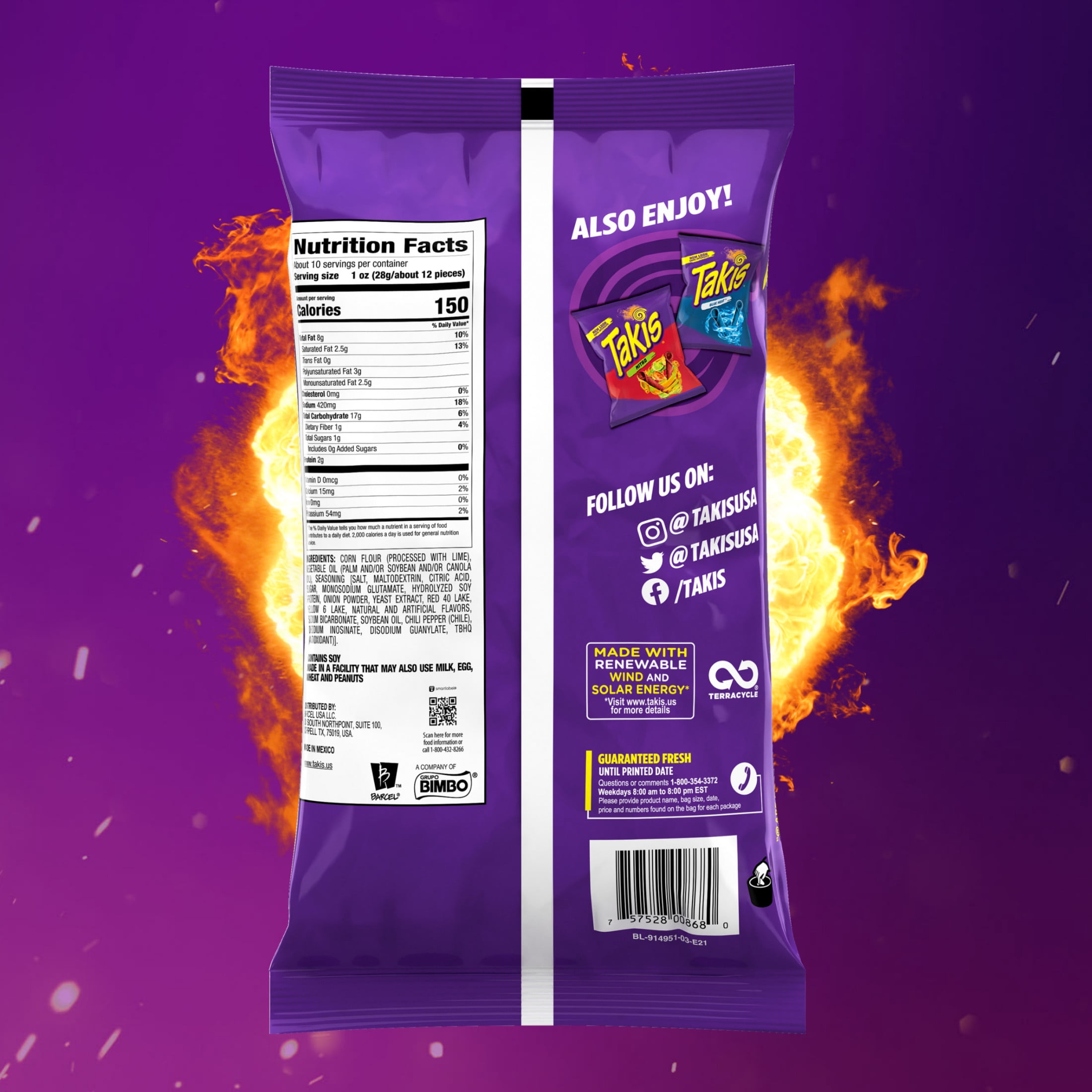 Takis Fuego Rolled Tortilla Chips, Hot Chili Pepper & Lime Flavor (9.9 oz, Pack of 3) d7anm