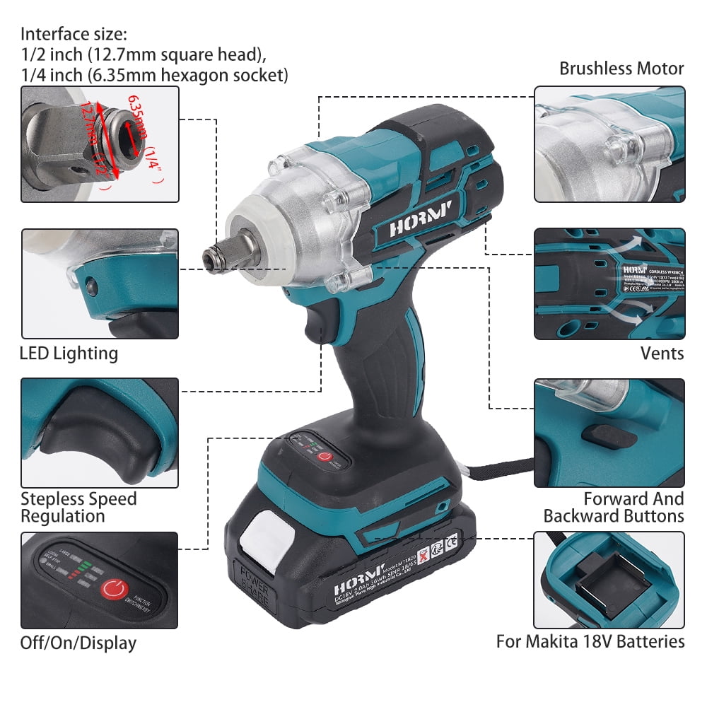 HORMY Cordless Impact Wrench, Brushless Motor Power Tool with 2 Batteries & LED Light (Blue, 1/2 in) t6r9k