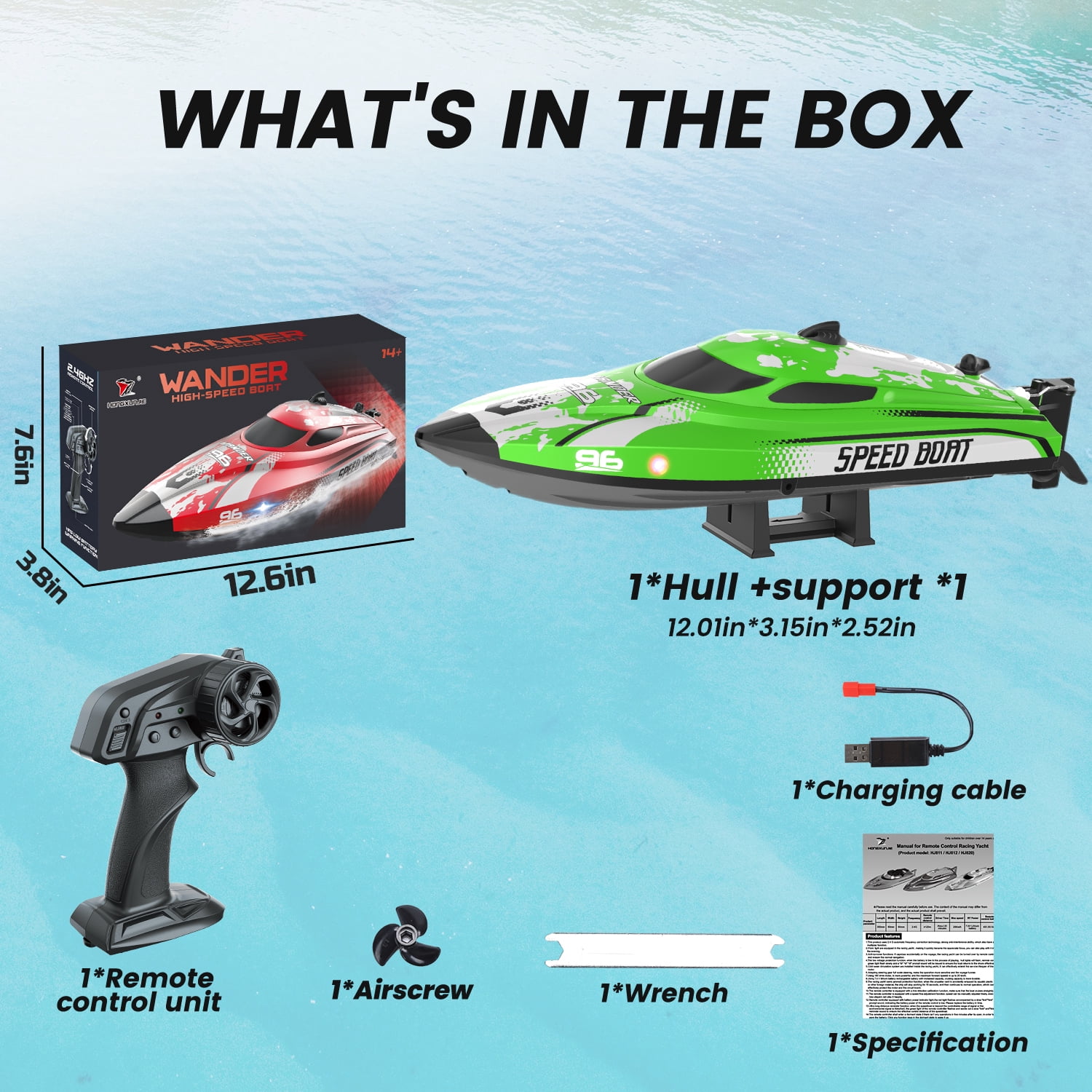 JoyStone High-Speed Remote Control Racing Boat with LED Lights (Green, 12 in) lzwsc