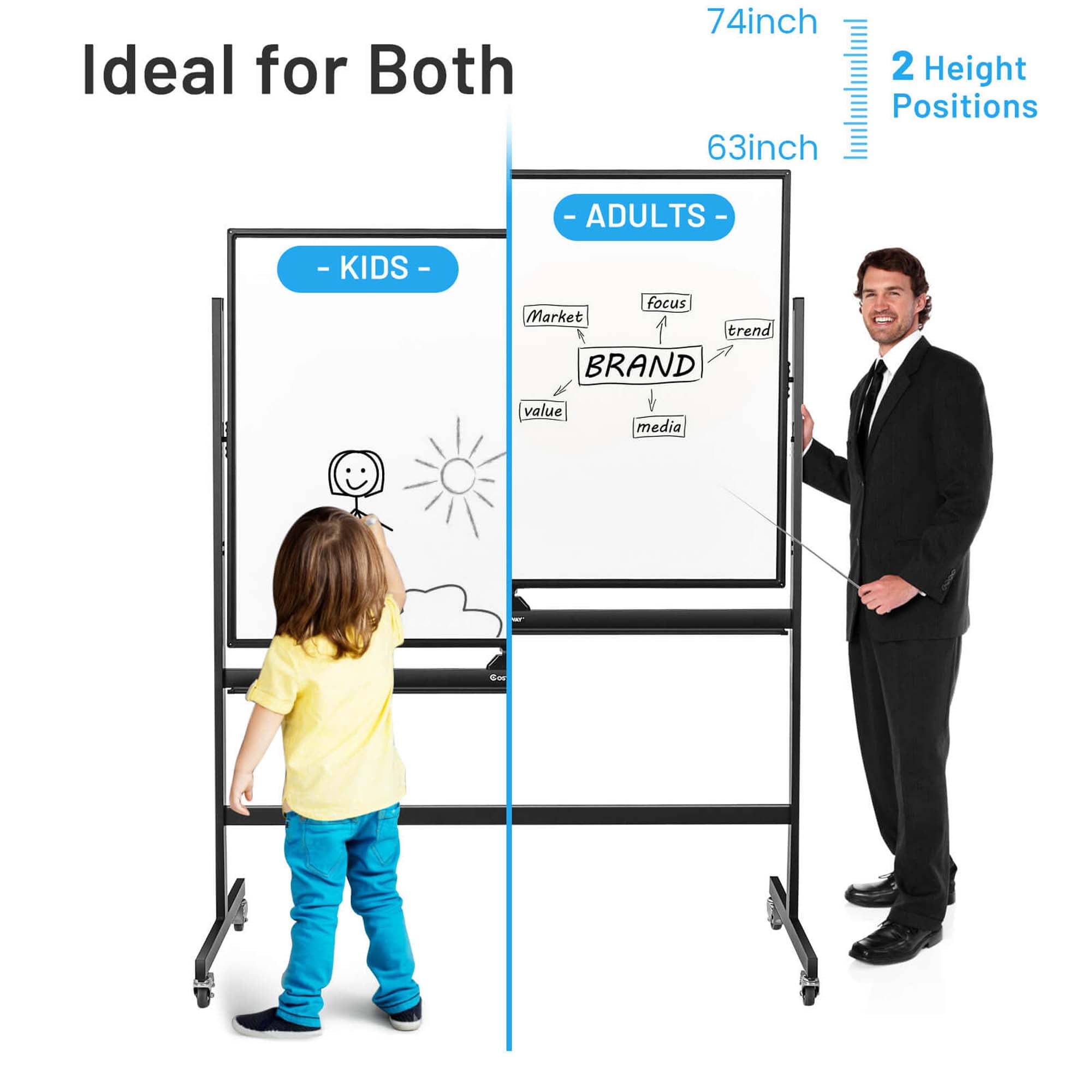 Costway Magnetic Double-Sided Reversible Whiteboard (White, 48 in x 36 in) 3m6us