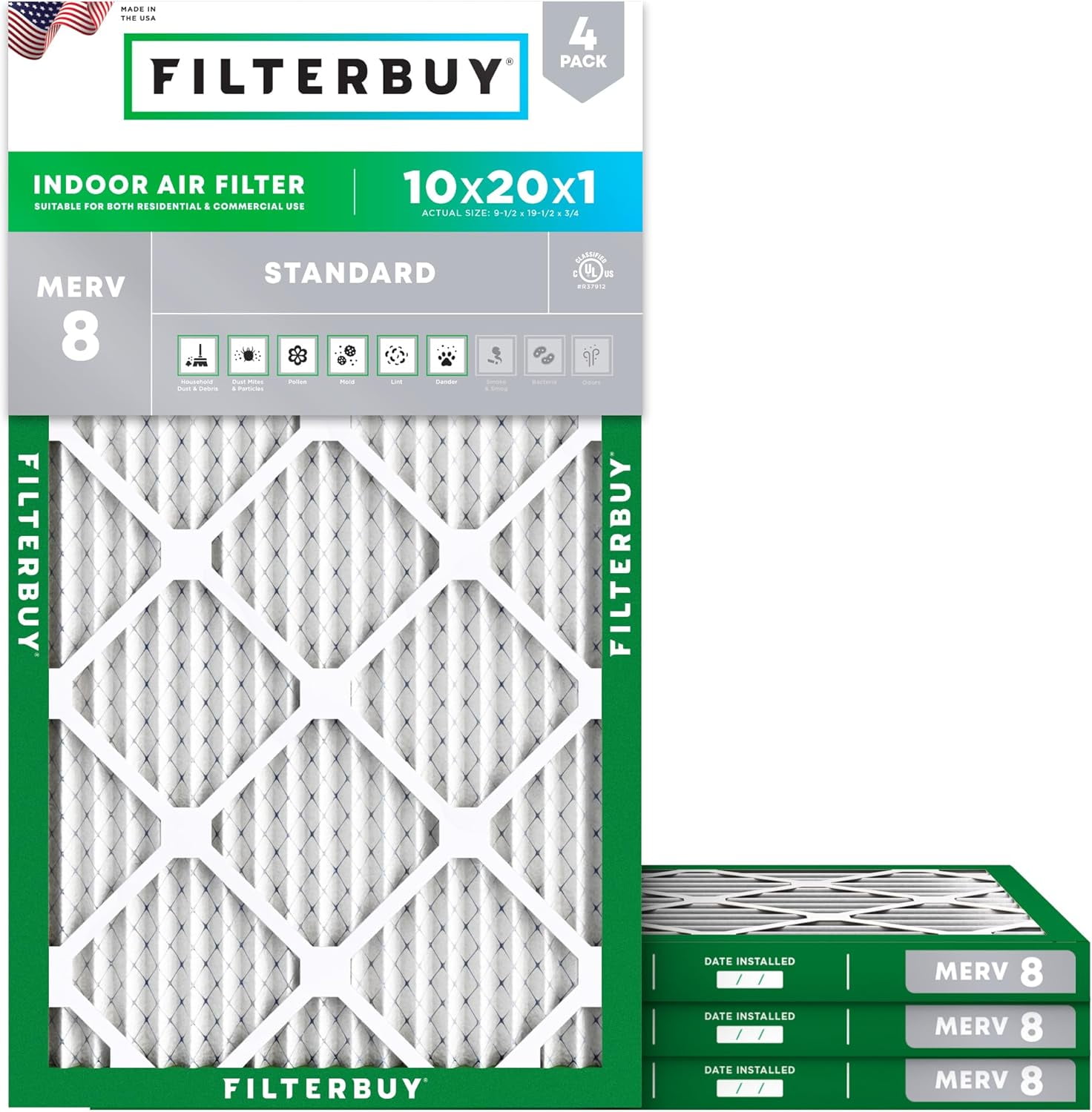 Filterbuy 10x20x1 Air Filter MERV 8 Dust Defense, Pleated HVAC AC Furnace Replacement (4-Pack) 1pv3f