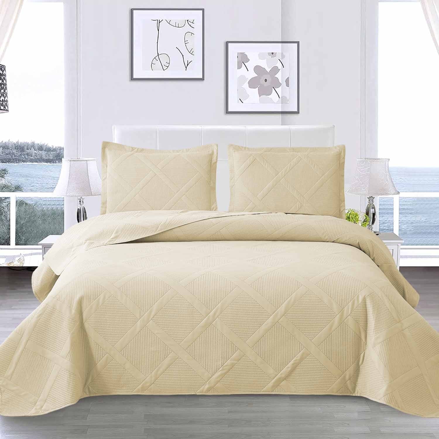 Beartech Solid Color Quilt Set Reversible Lightweight Microfiber Bedspread (Beige, Queen Size) zi8f2