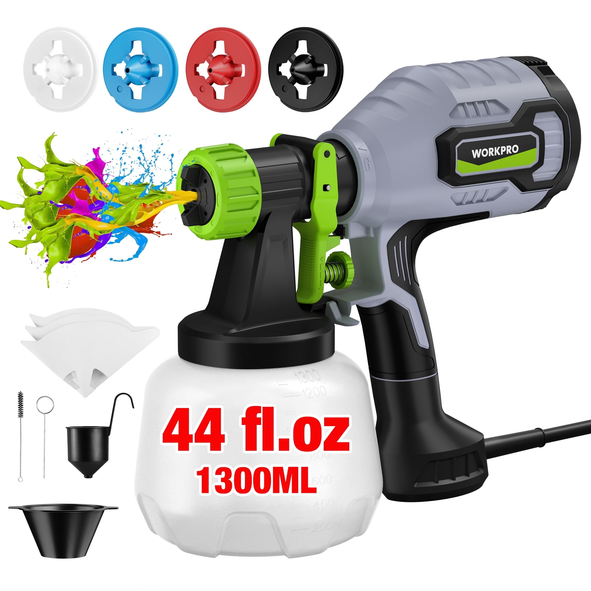 WORKPRO HVLP Paint Sprayer, Electric Spray Gun with 4 Nozzles and Adjustable Flow (44 fl oz) 30e3k