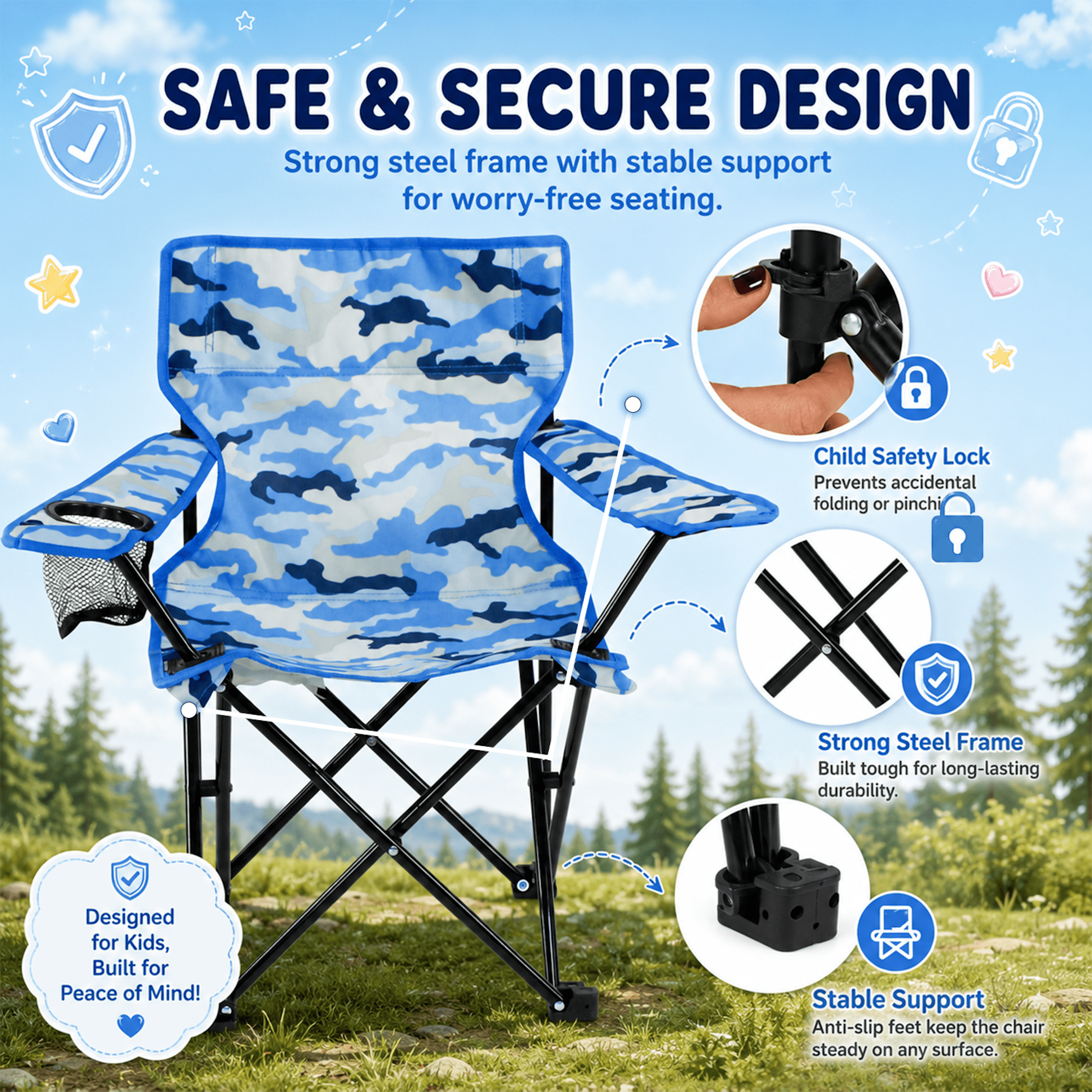 Emily Rose Portable Folding Beach Chair with Cup Holder and Carry Case (Blue Camo, 23.5 in x 13.5 in x 13.25 in) 9gael