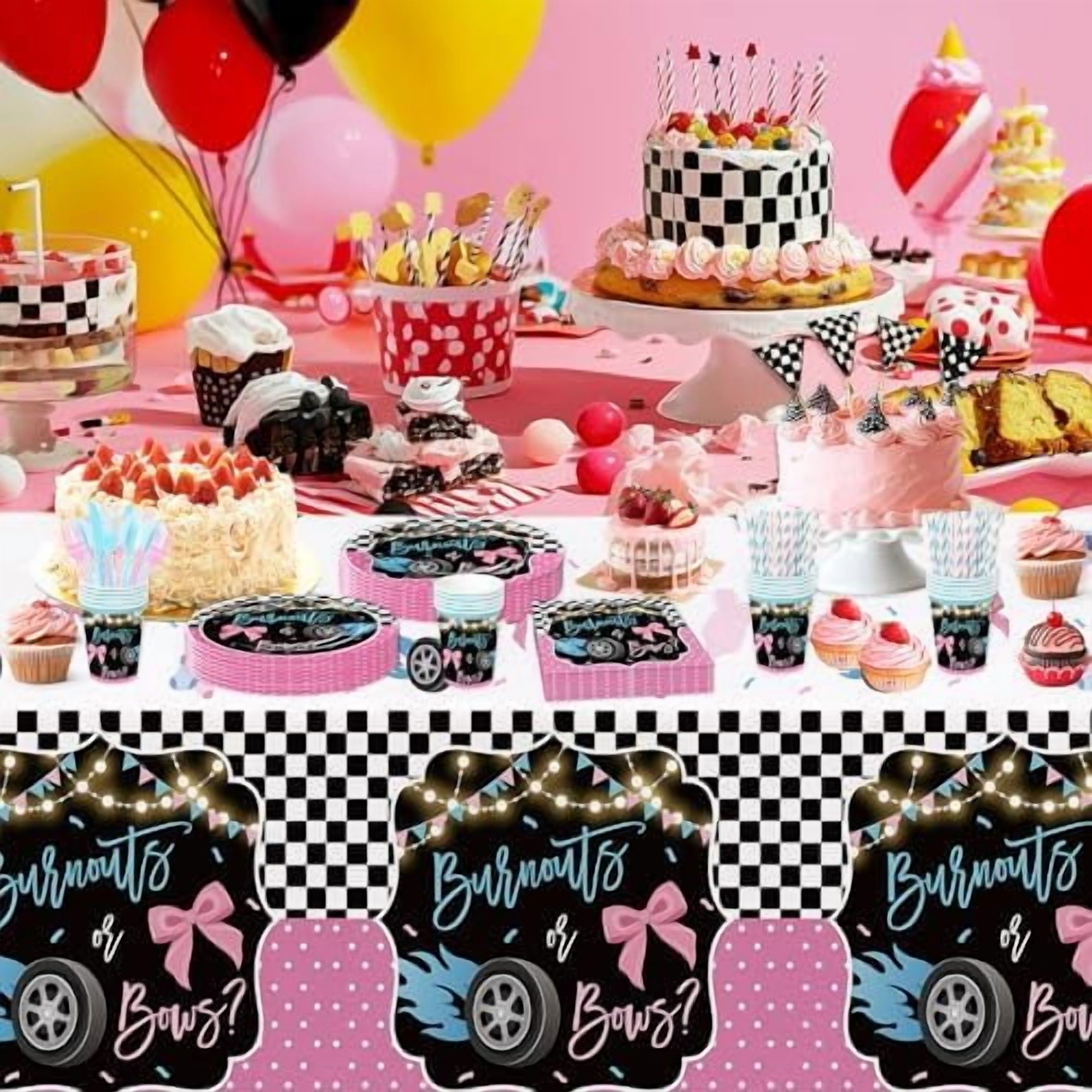Burnouts or Bows Gender Reveal Party Supplies Set, Race Car vs Bows Baby Shower Tableware (Pink, Serves 24) cc7vy