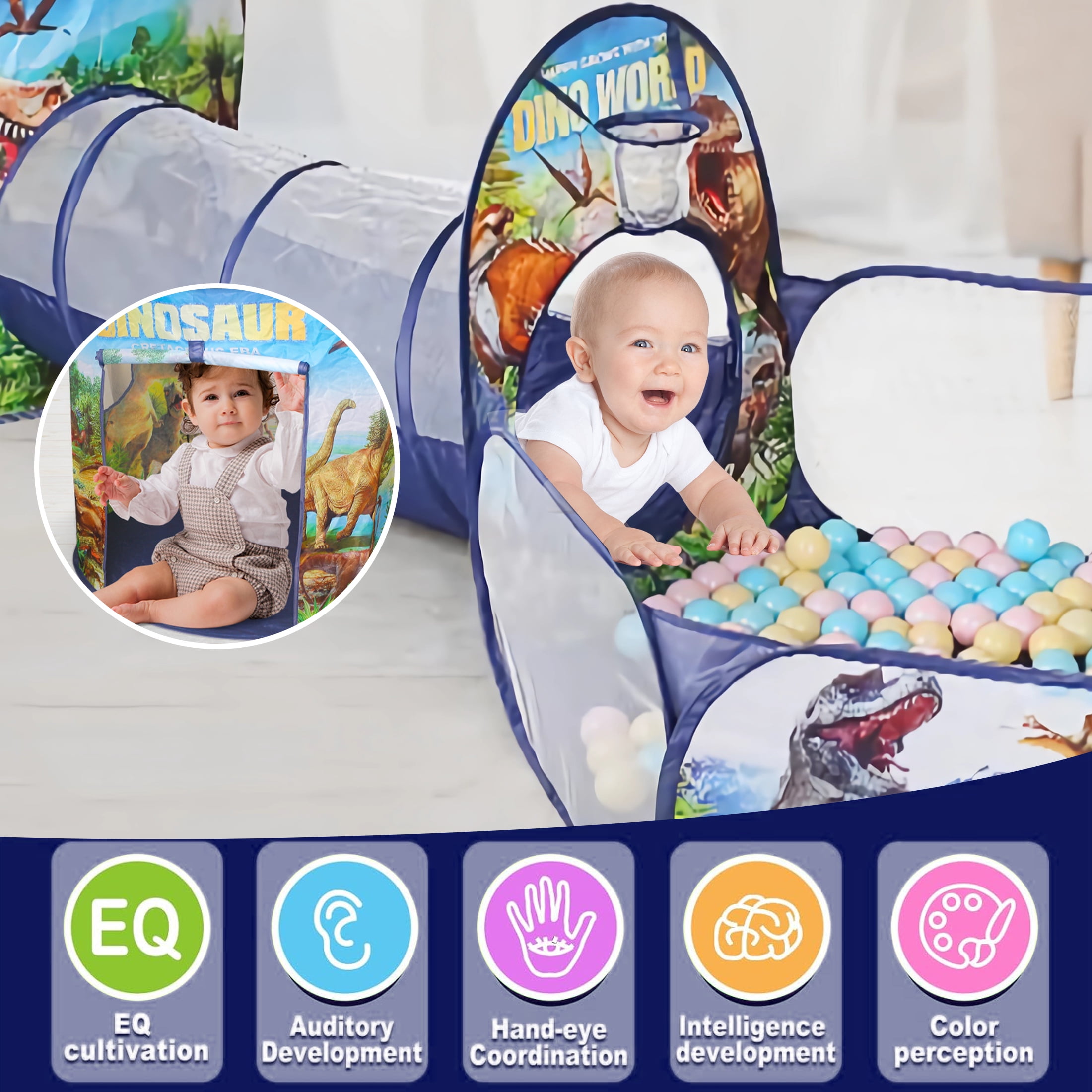 KOPPOP 3-in-1 Dinosaur Play Tent Set with Tunnel and Ball Pit for Indoor and Outdoor Use (Blue) viezn
