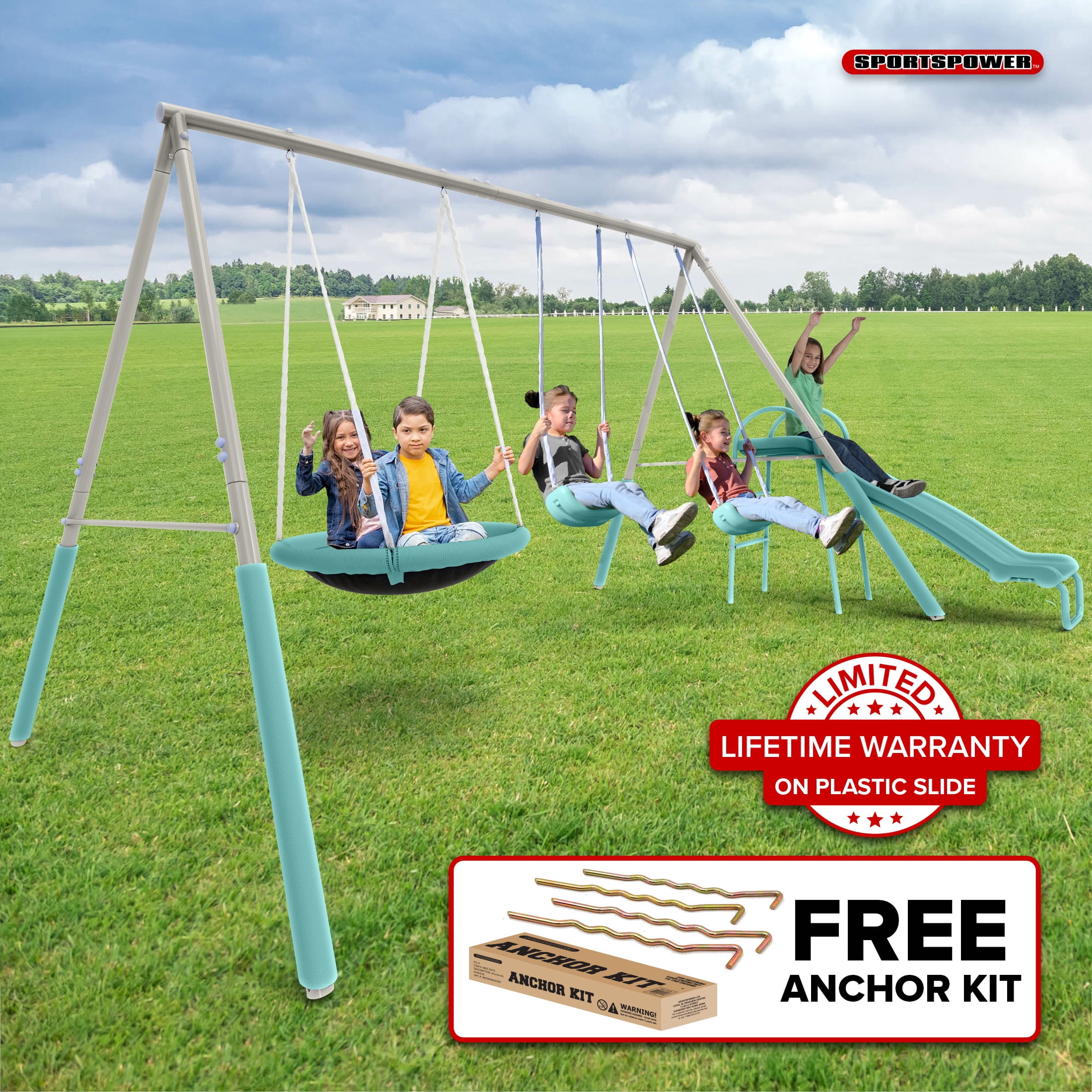 Sportspower Super Saucer Metal Swing Set with 2 Swings, Saucer Swing, and 5 ft Double Wall Slide (Multi-Color) zfbzf