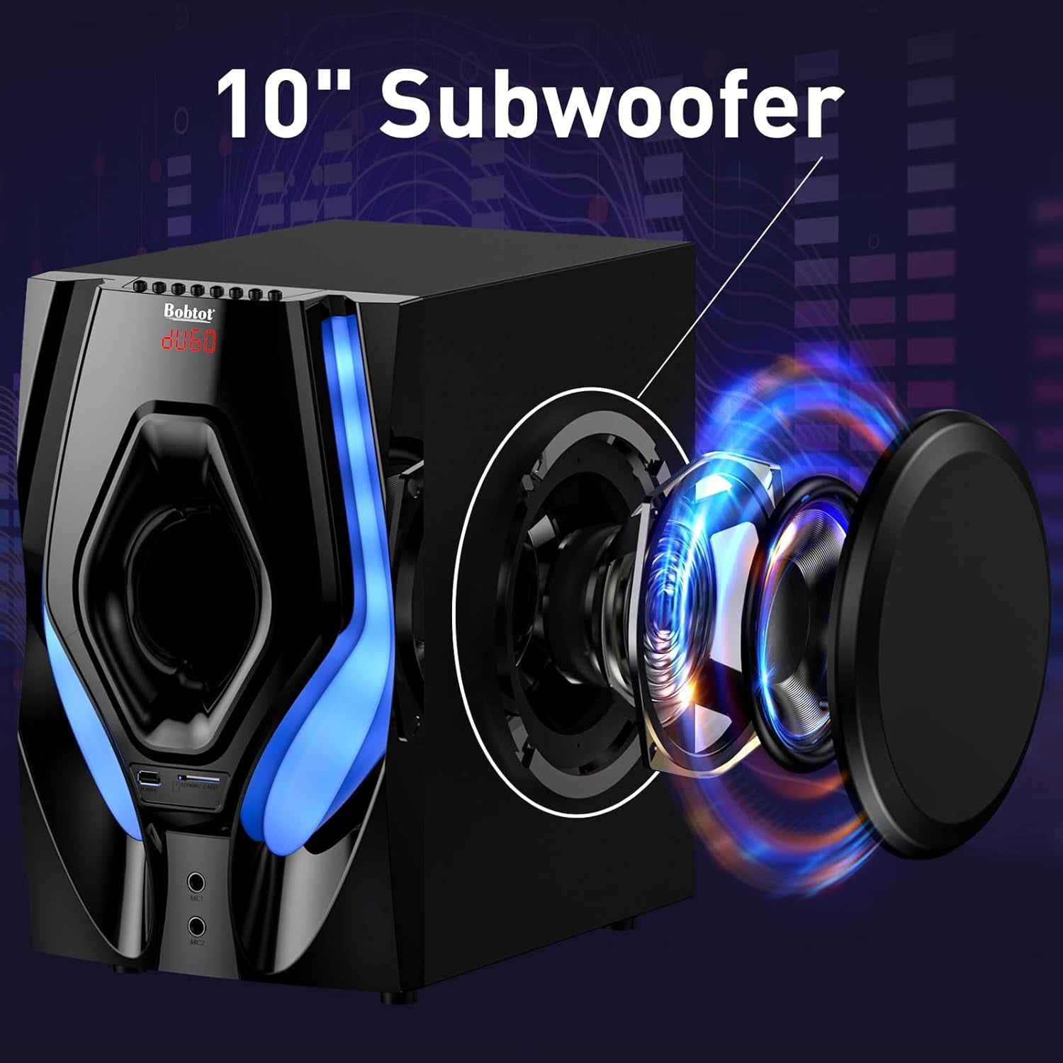 Bobtot 5.1 Channel Home Theater Surround Sound System, Powerful Audio Stereo Speakers with 10 in Subwoofer (Black, 1200 Watts) 8gr3a