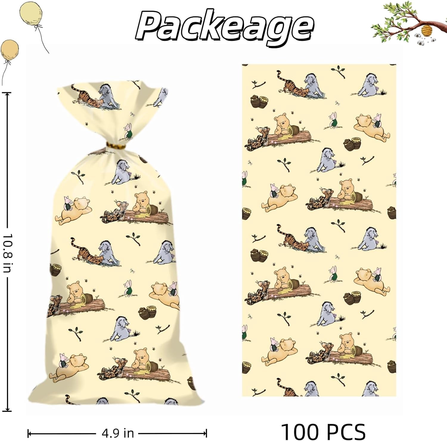 Chuu Winnie Party Favor Bags with Gold Twist Ties (100 Pack, 4.9 in x 10.8 in) 7wgho