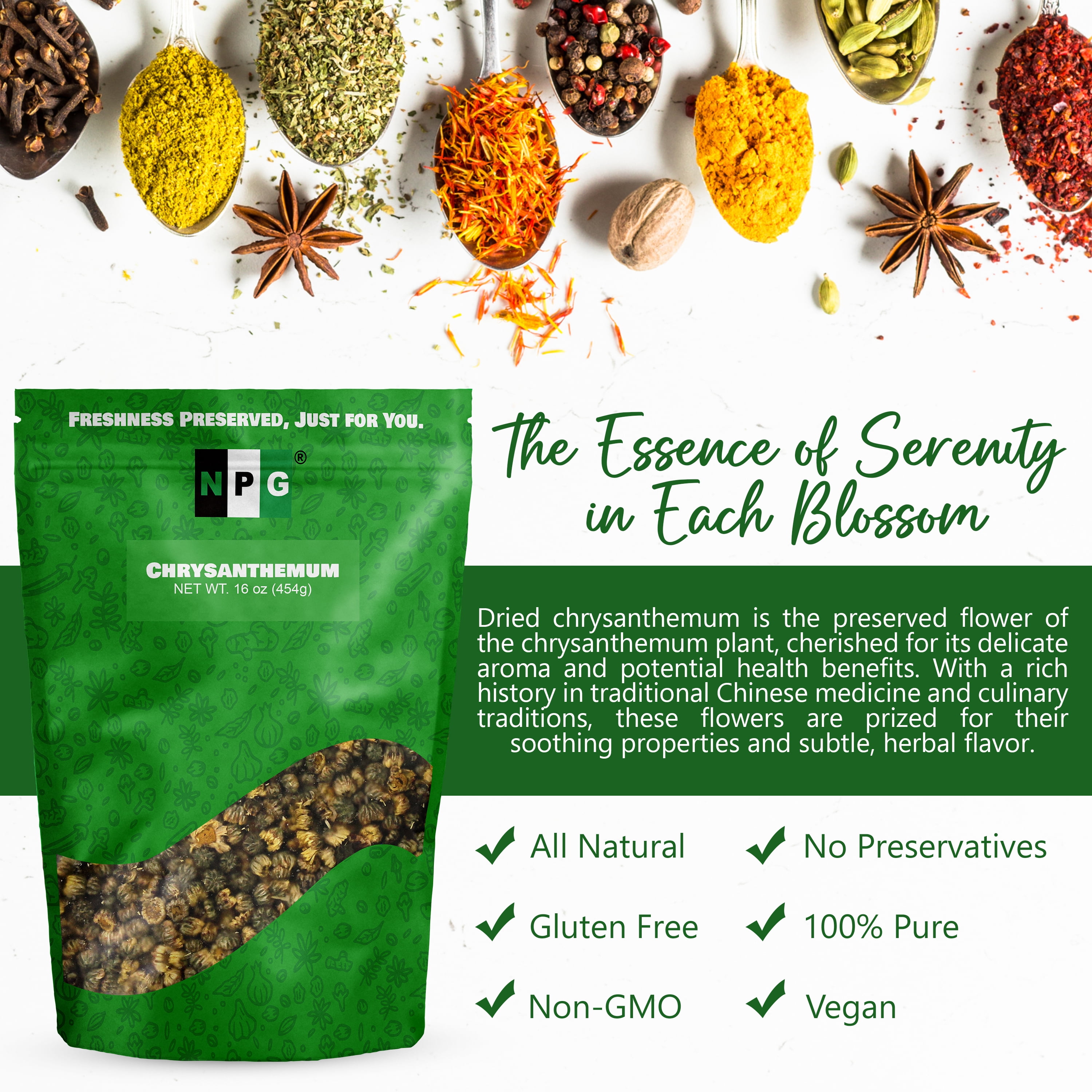 NPG Chrysanthemum Bud Tea, Natural Dried Tai Ju Herbal Loose Leaf Tea, Caffeine-Free Floral Infusion (Yellow, 16 oz) fyape
