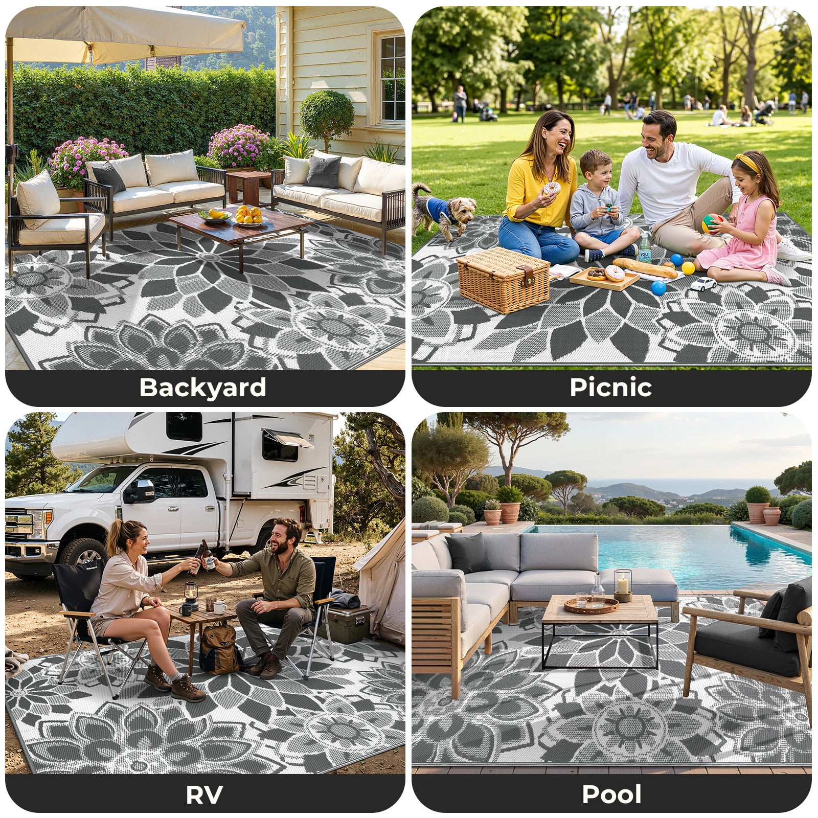 Findosom Reversible Outdoor Rug, Waterproof Plastic Straw Patio Mat for Camping and RV (Grey, 6 ft x 9 ft) ci7al