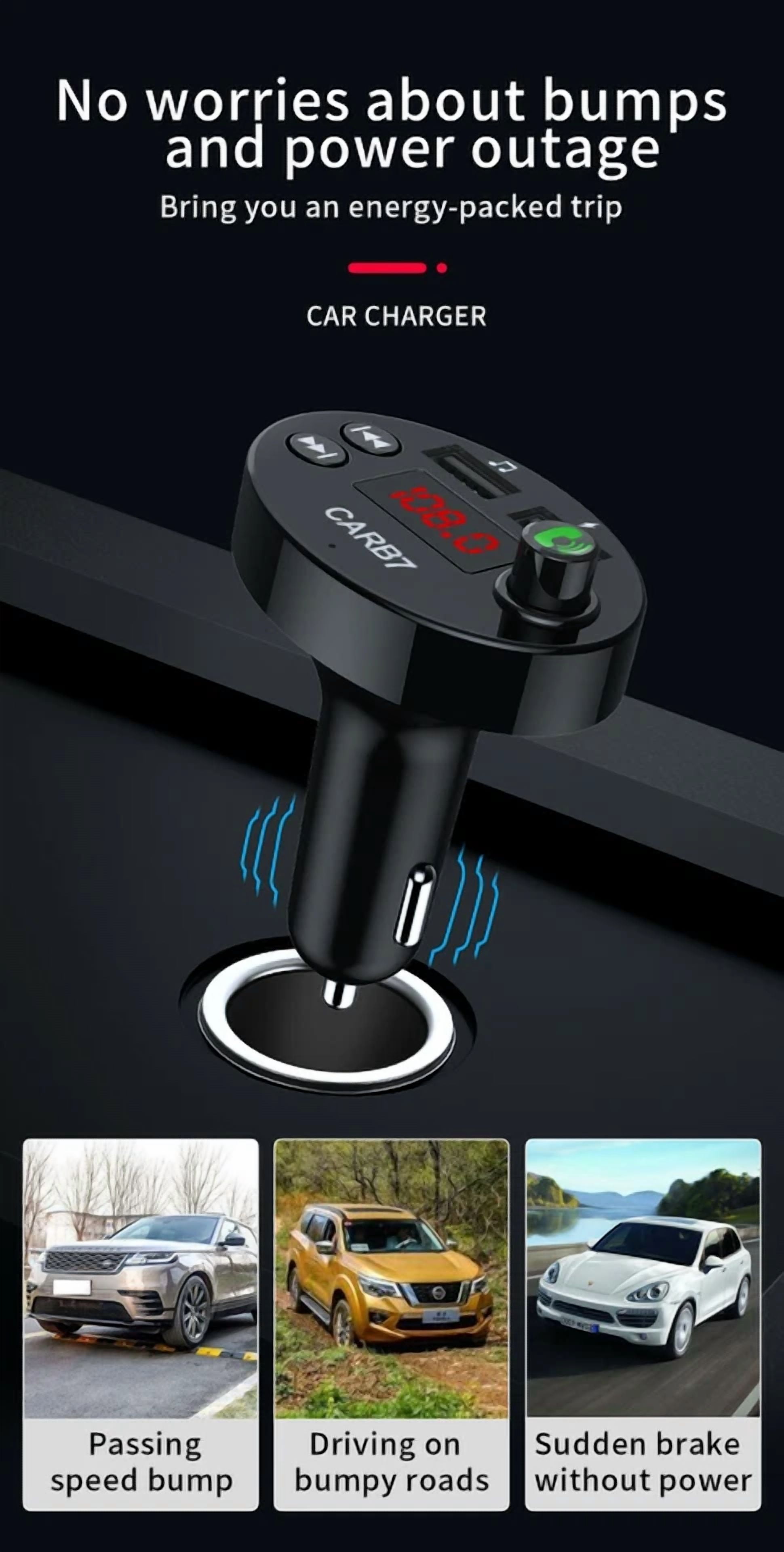 Rhea Bluetooth FM Transmitter Wireless Radio Adapter with Dual USB Phone Charger (Black, 1 Pack) xrsnj