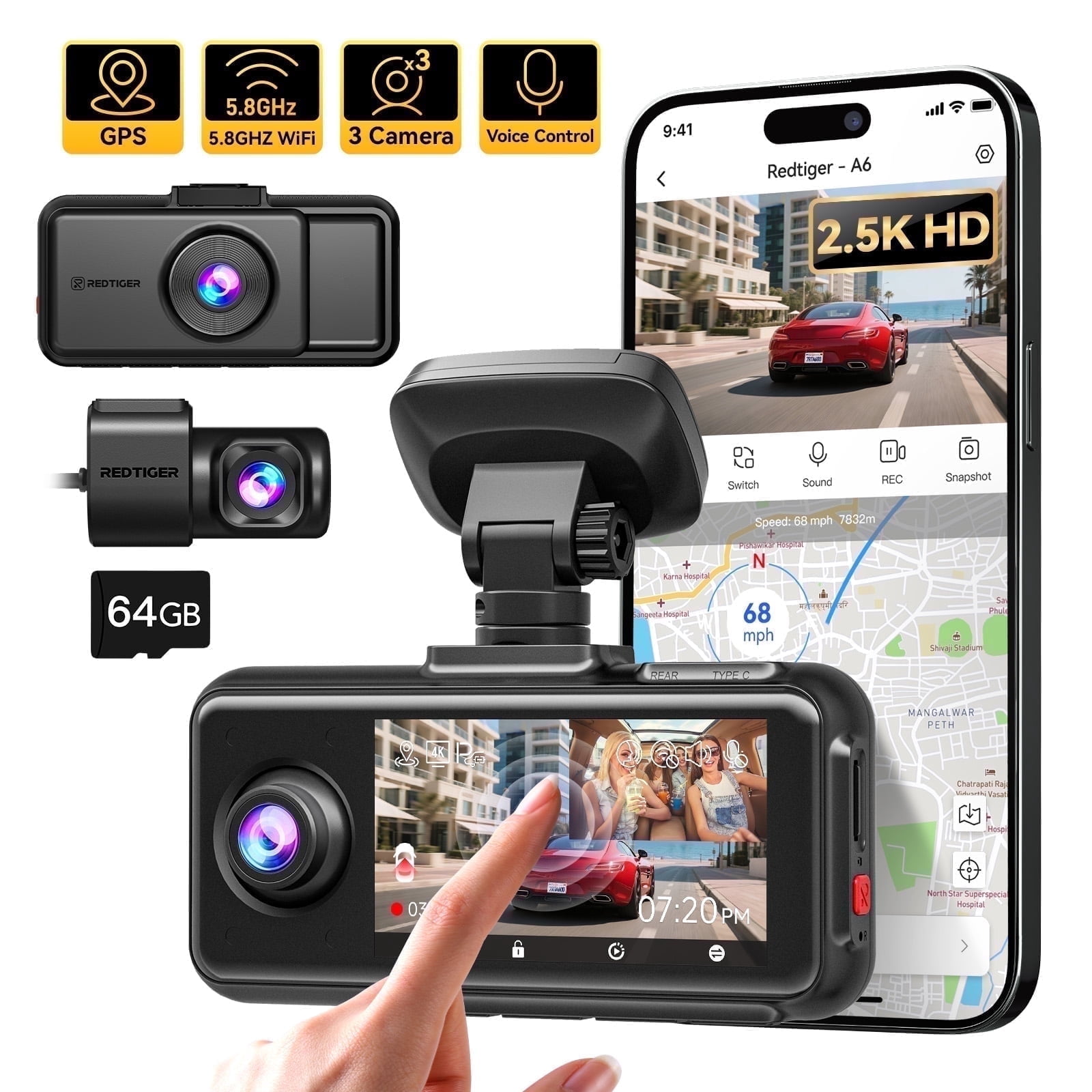 REDTIGER A6 3-Channel Dash Cam, Front Rear and Interior Triple Camera, WiFi GPS Touch Screen (Black, 64GB) fagw2