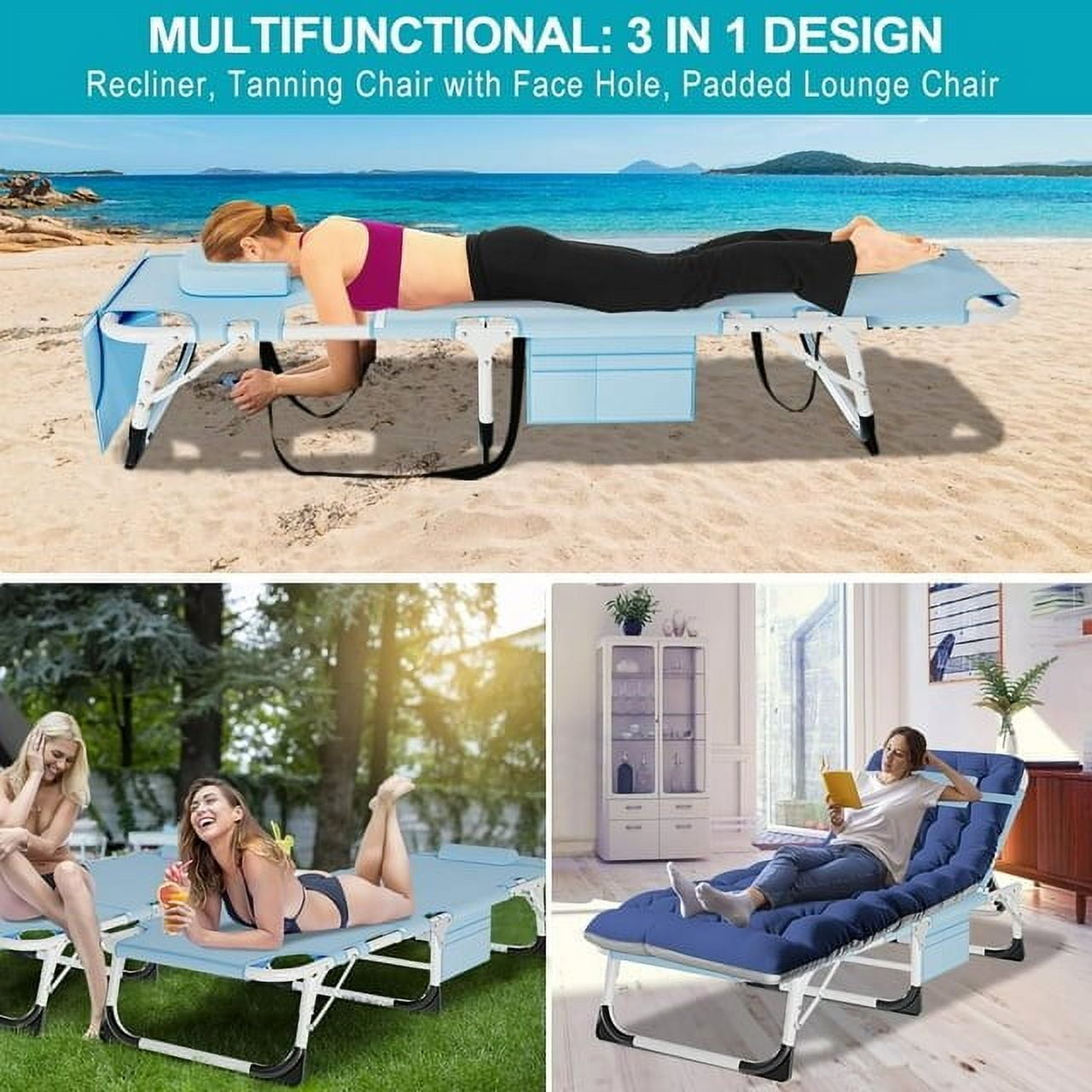 Lilypelle 3-in-1 Folding Sun Tanning Lounge Chair with Face Hole and 5 Adjustable Positions (Blue, 75.2 in x 25.6 in) 6vfq8
