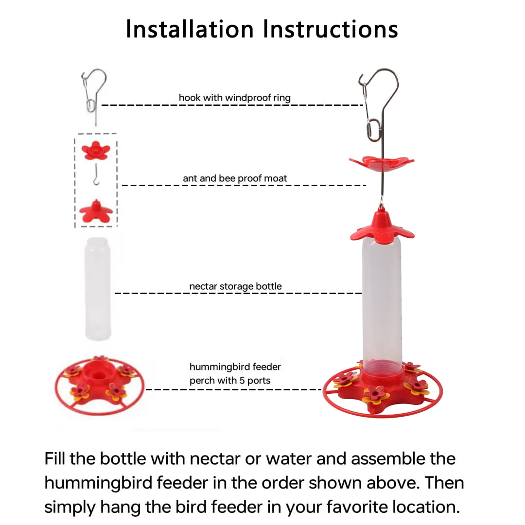 Koralakiri Hummingbird Feeder for Outdoors, Hanging Bird Feeder with Ant Moat and 6 Feeding Ports (Red, 8.45 fl oz) n5fpf